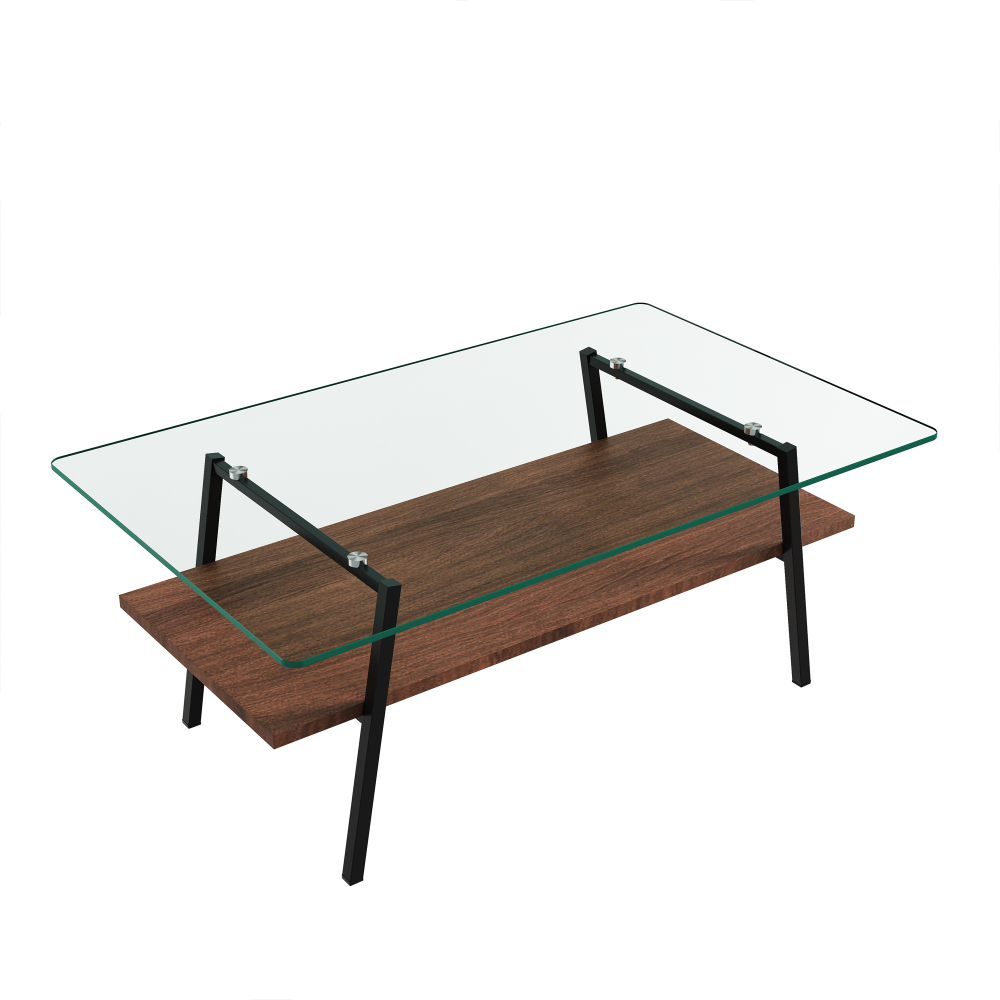 Modern Rectangle Coffee Table with Tempered Glass Top & MDF Shelf, Black Metal Legs, Industrial Style Living Room Center Table