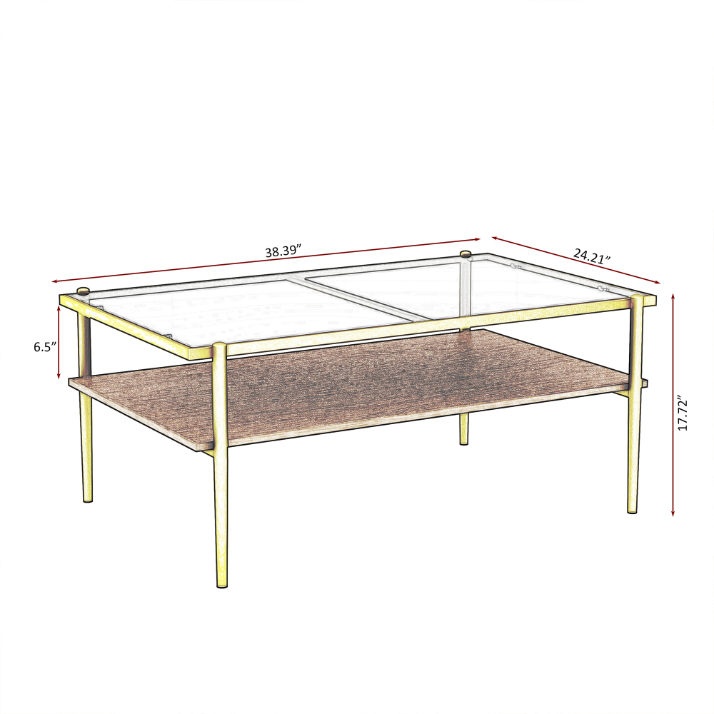 Modern Rectangle Coffee Table with Tempered Glass Top & Gold Metal Legs - Stylish Living Room Center Table with Lower Shelf Storage