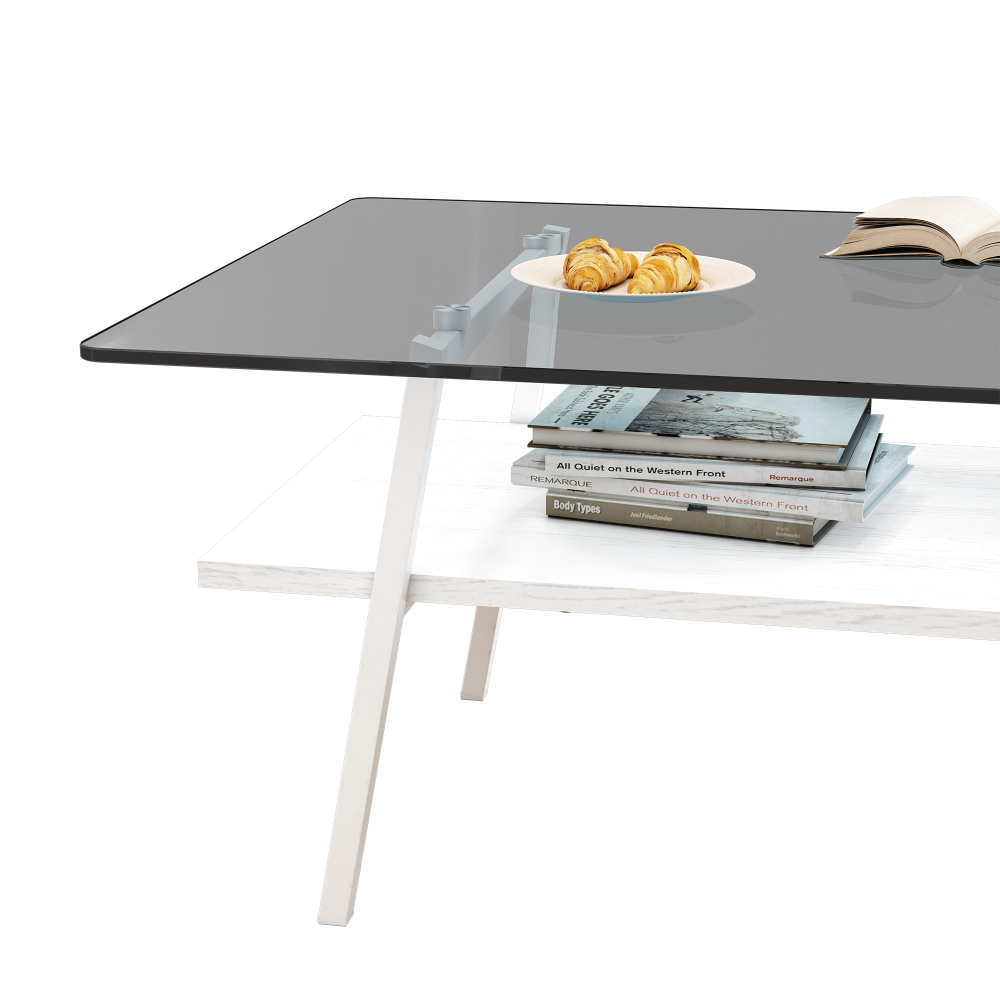 Modern Rectangle Coffee Table with Tempered Gray Glass Top and White Metal Legs, Contemporary Living Room Furniture with Storage Shelf