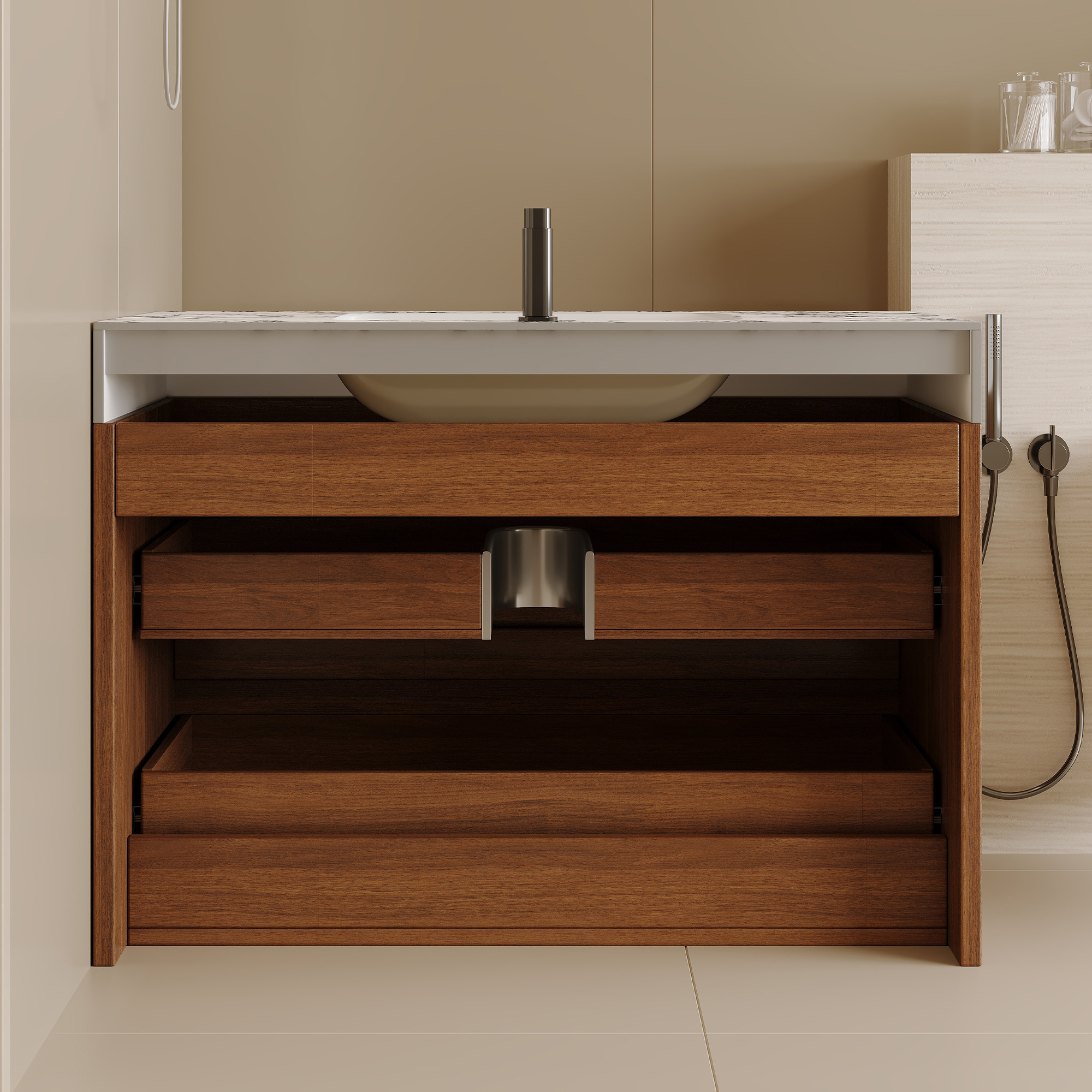 29.9" Modern Floating Bathroom Vanity with Faux Marble Sintered Stone Top, Walnut Wall-Mounted Single Sink Cabinet for Small Spaces