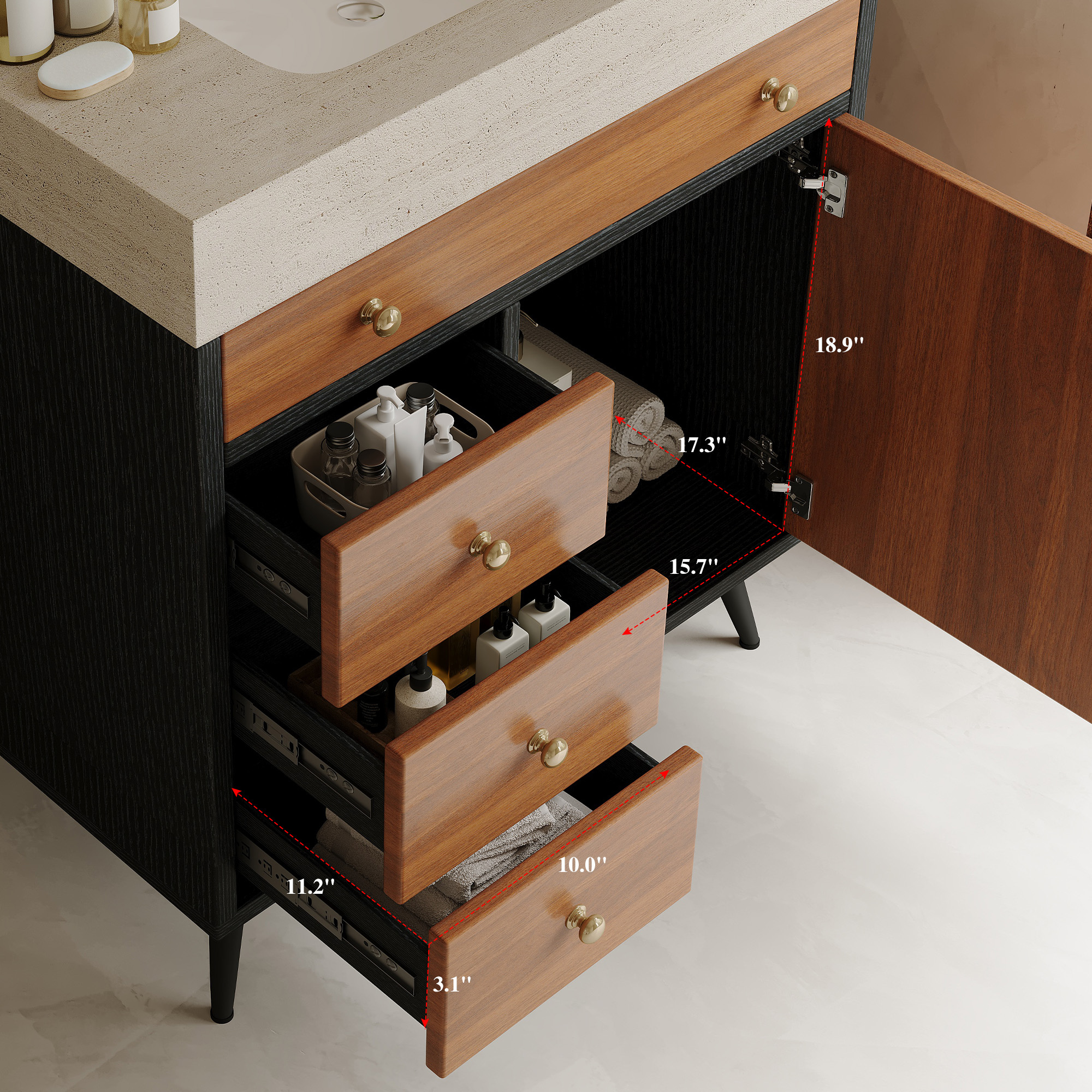 Modern Free-Standing Bathroom Vanity with Sintered Stone Top & Ceramic Sink, Mid-Century Walnut Cabinet with Soft-Close Drawers