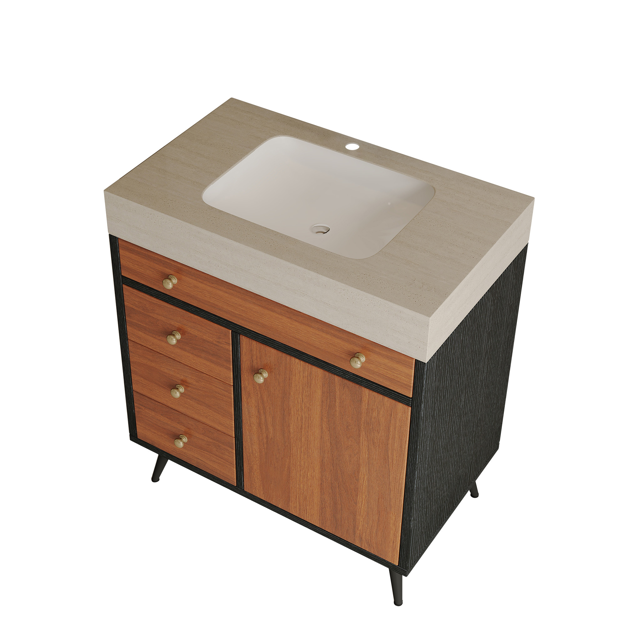 Modern Free-Standing Bathroom Vanity with Sintered Stone Top & Ceramic Sink, Mid-Century Walnut Cabinet with Soft-Close Drawers