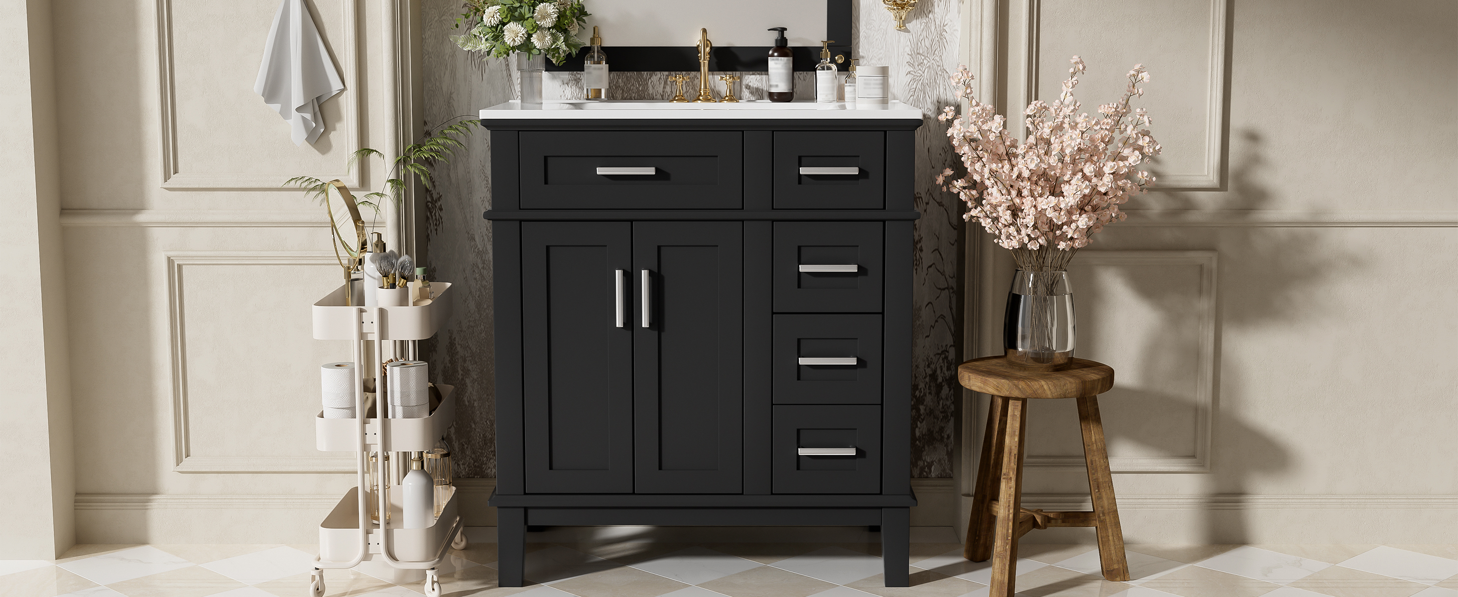 30" Modern Black Bathroom Vanity with Ceramic Sink, Solid Wood Storage Cabinet & Soft-Close Doors for Small Spaces
