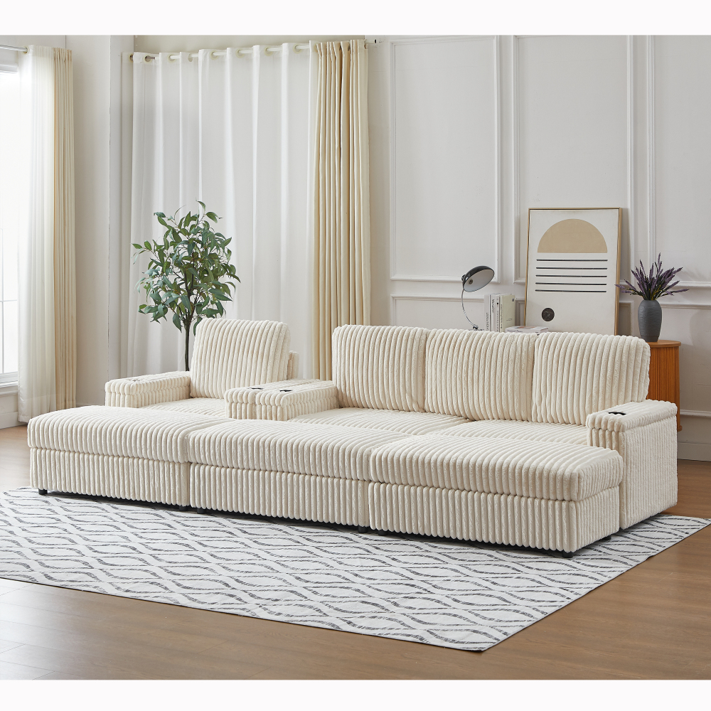 Luxury Corduroy Modular Sectional Sofa Set with Deep Seat, Reclining Armchair & Storage Ottoman