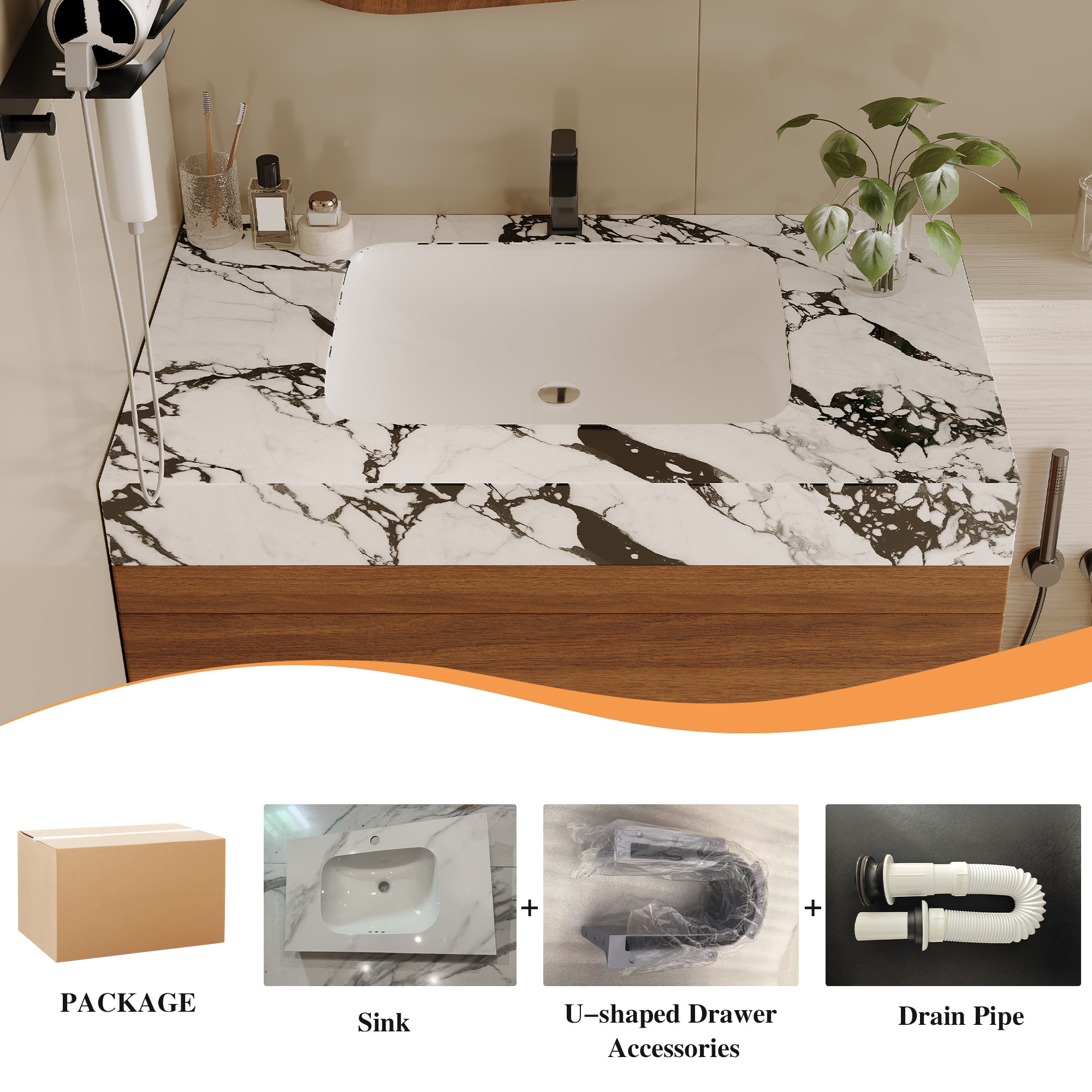 29.9" Modern Floating Bathroom Vanity with Faux Marble Sintered Stone Top, Walnut Wall-Mounted Single Sink Cabinet for Small Spaces