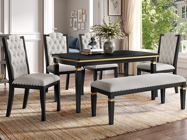 Elegant 6-Piece Dining Table Set with Bench - Modern Black Rectangular Kitchen Table & 4 Tufted High-Back Chairs for Farmhouse Home Decor