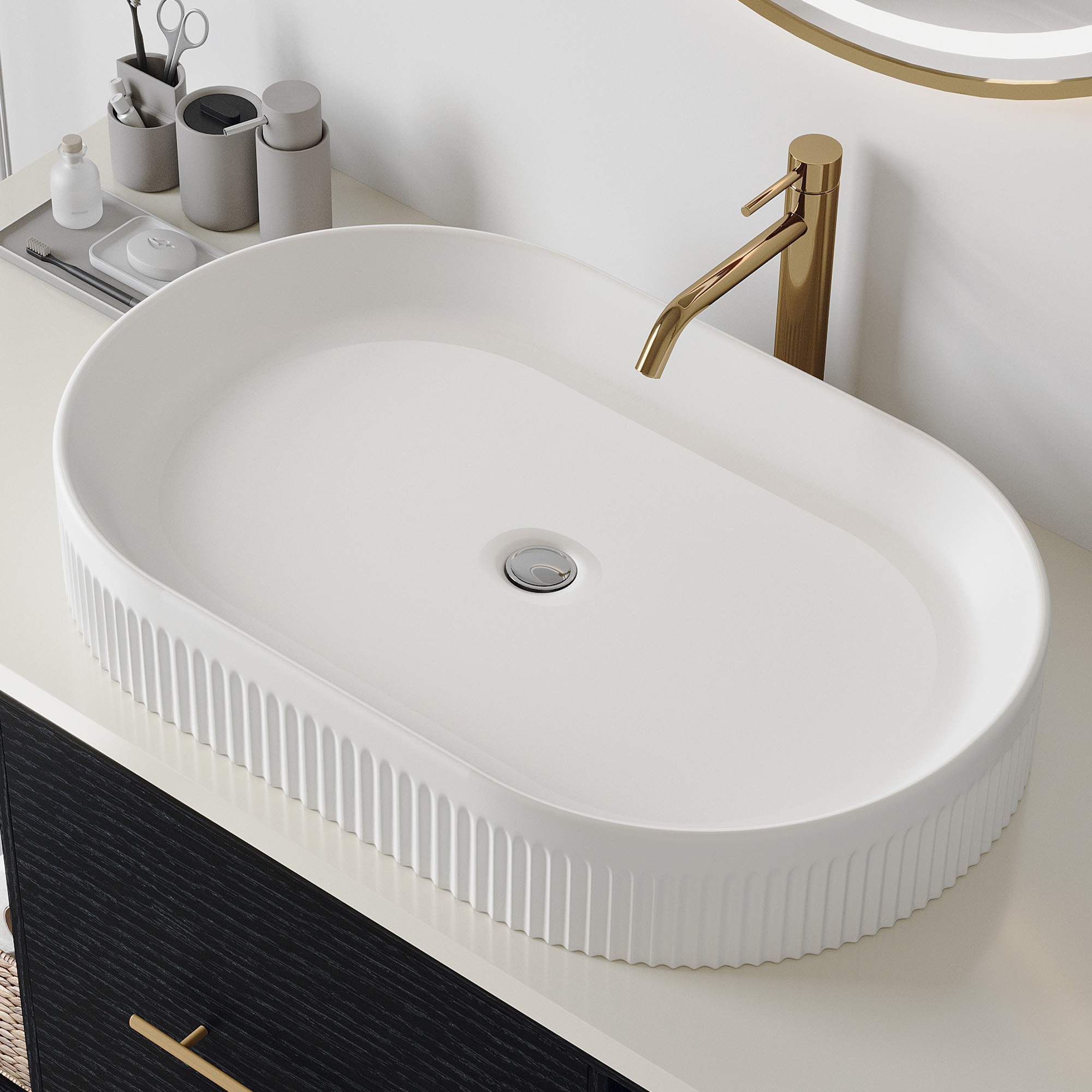 Elegant Oval Vessel Sink - White Ceramic Bathroom Vanity Top with Vertical Fluted Design