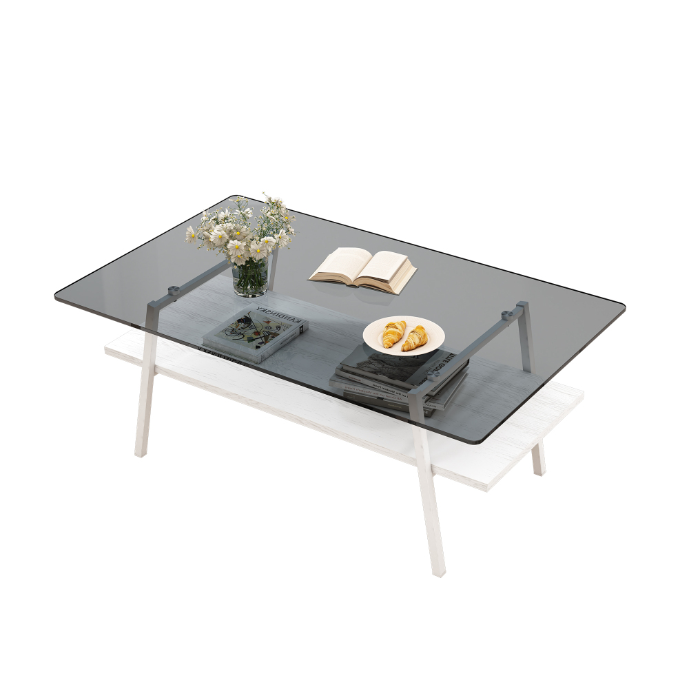 Modern Rectangle Coffee Table with Tempered Gray Glass Top and White Metal Legs, Contemporary Living Room Furniture with Storage Shelf