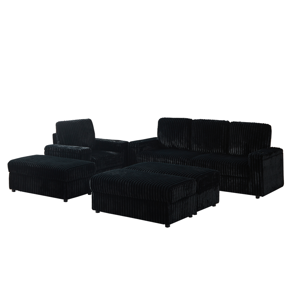 Luxury Black Corduroy Sectional Sofa with Recliner, Cup Holders & Storage Ottoman - Modern Deep Seat Living Room Couch