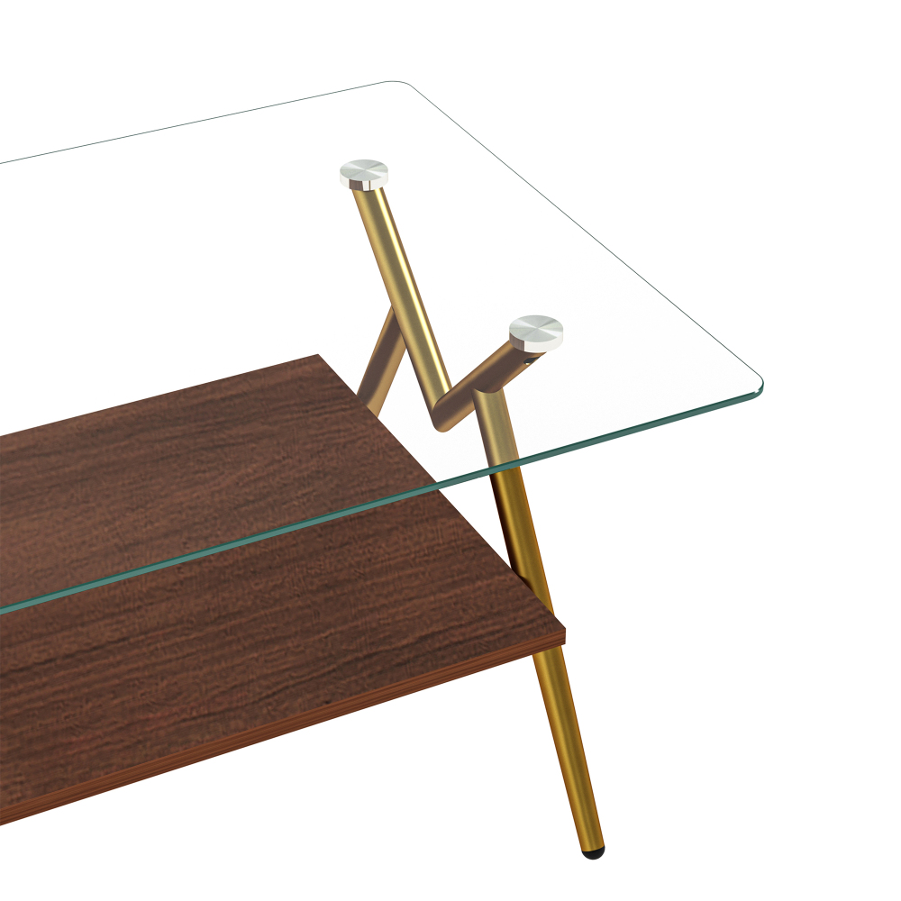 Modern Rectangle Coffee Table with Tempered Glass Top & Gold Metal Legs, Two-Tier Storage for Living Room