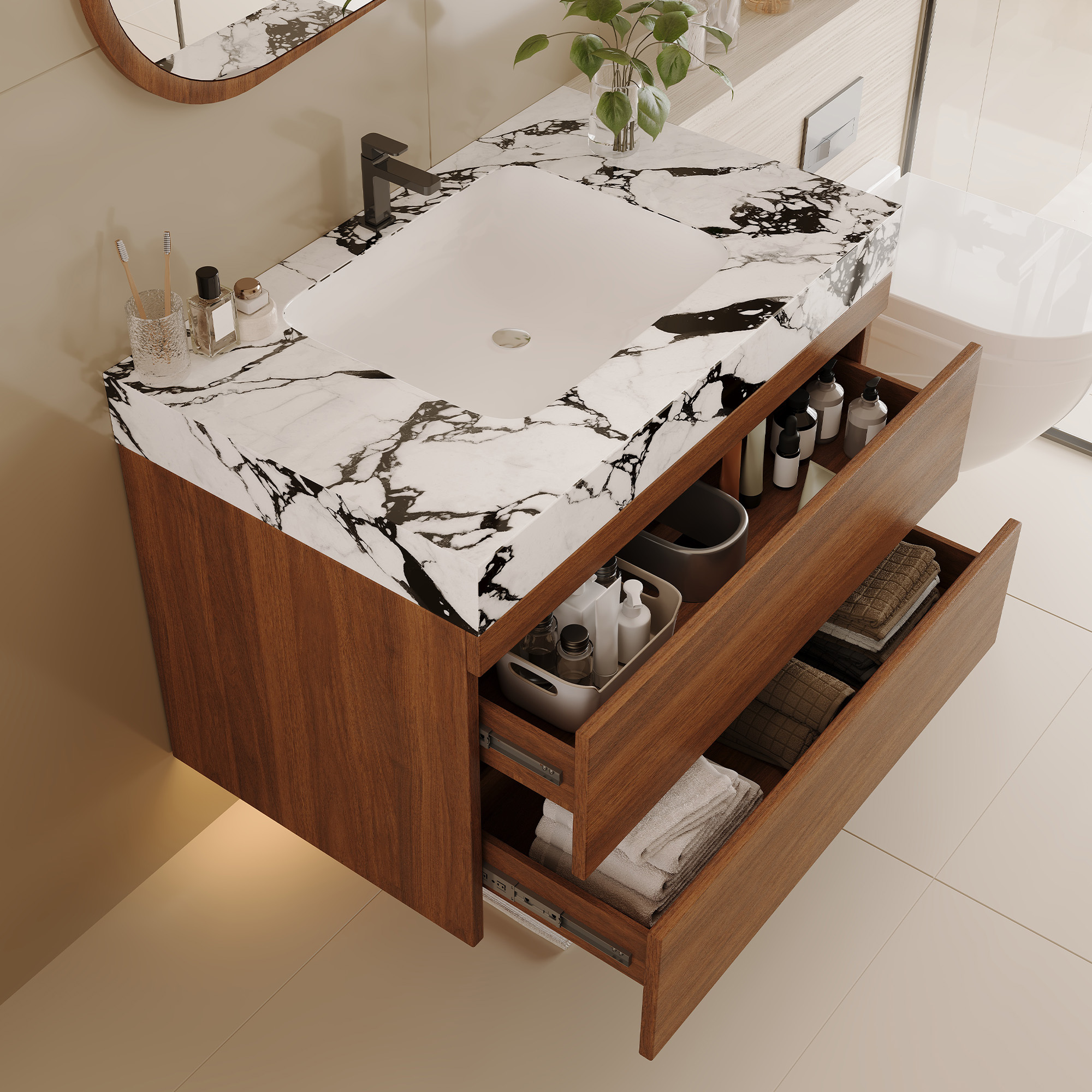 29.9" Modern Floating Bathroom Vanity with Faux Marble Sintered Stone Top, Walnut Wall-Mounted Single Sink Cabinet for Small Spaces