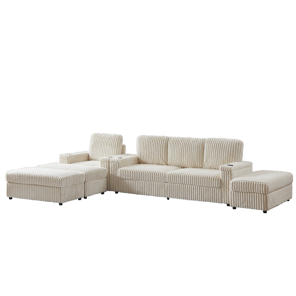Luxury Corduroy Modular Sectional Sofa Set with Deep Seat, Reclining Armchair & Storage Ottoman