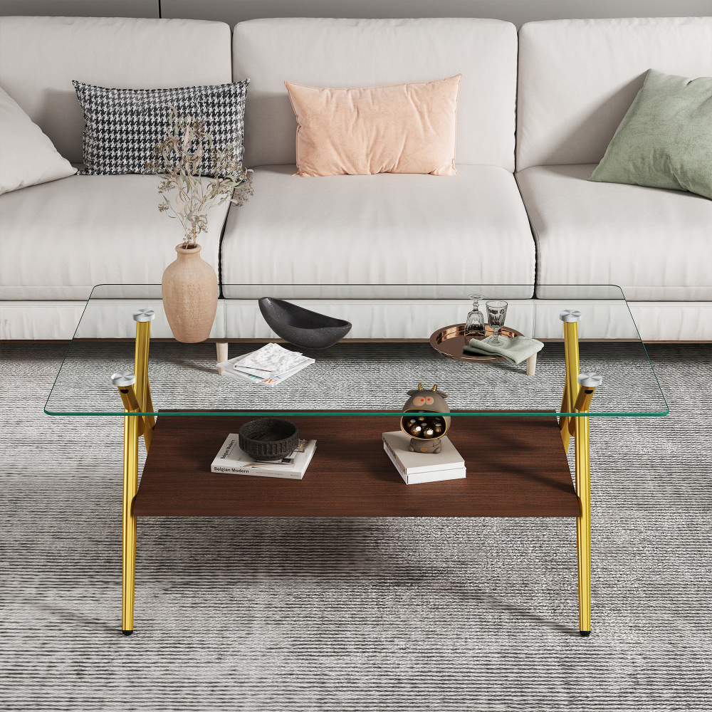 Modern Rectangle Coffee Table with Tempered Glass Top & Gold Metal Legs, Two-Tier Storage for Living Room