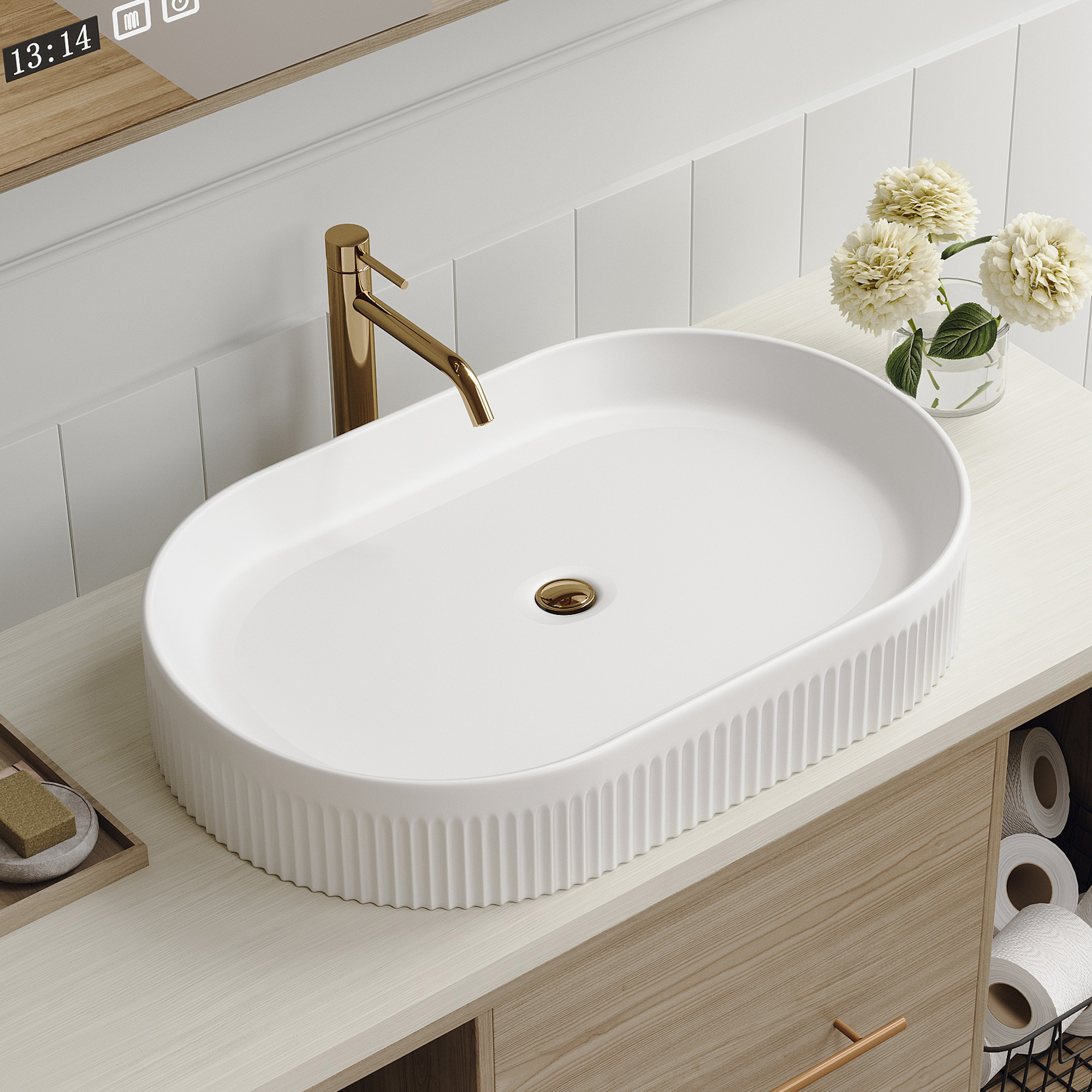 Elegant Oval Vessel Sink - White Ceramic Bathroom Vanity Top with Vertical Fluted Design