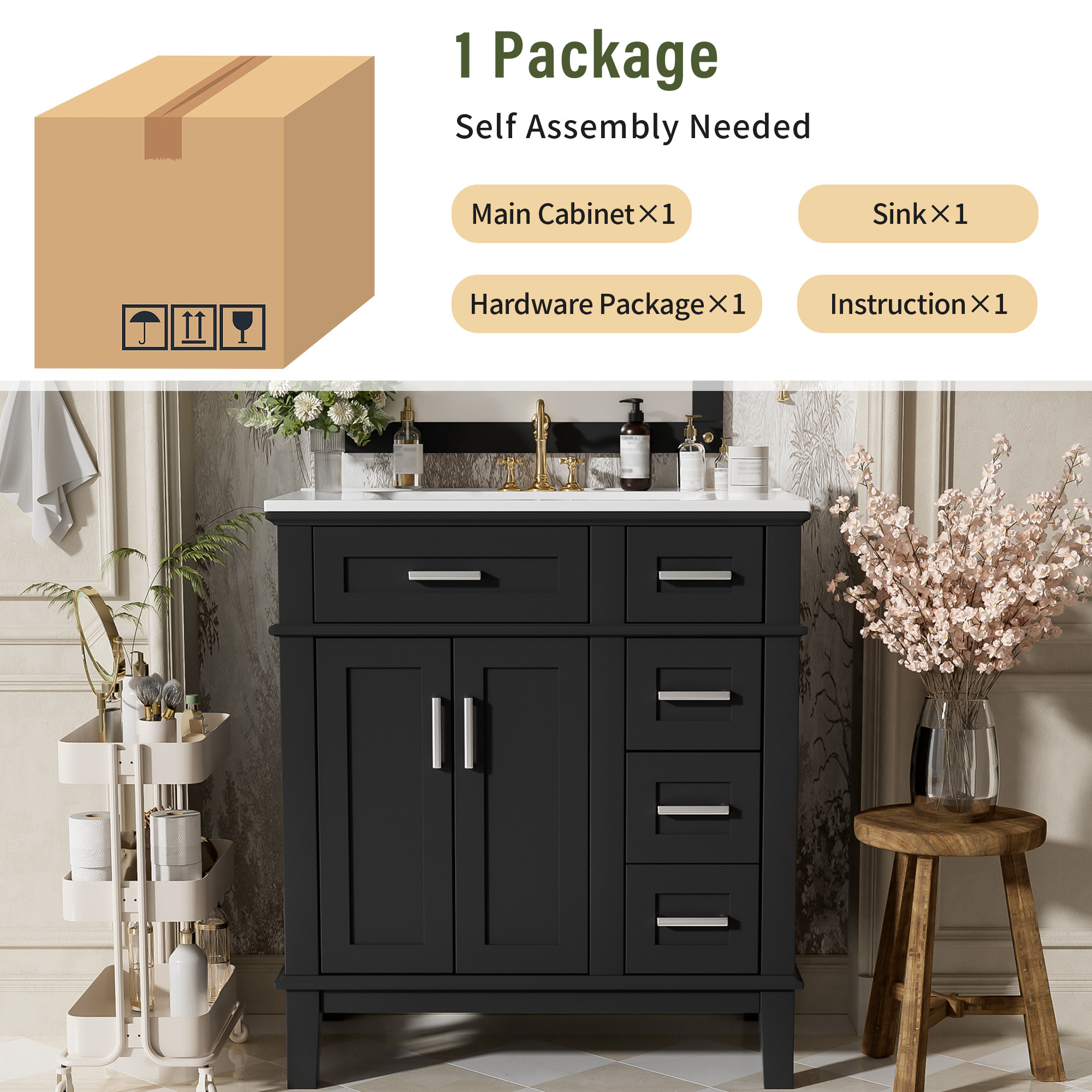 30" Modern Black Bathroom Vanity with Ceramic Sink, Solid Wood Storage Cabinet & Soft-Close Doors for Small Spaces