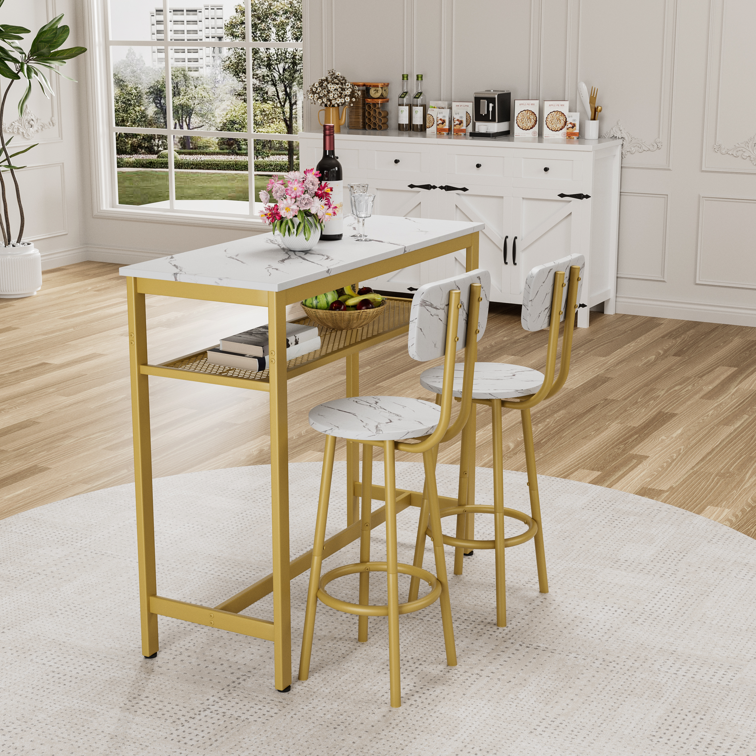3-Piece Counter Height Dining Table Set with 2 Stools, White Faux Marble Top Breakfast Bar for Small Apartment Kitchen