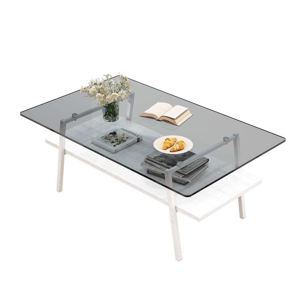 Modern Rectangle Coffee Table with Tempered Gray Glass Top and White Metal Legs, Contemporary Living Room Furniture with Storage Shelf