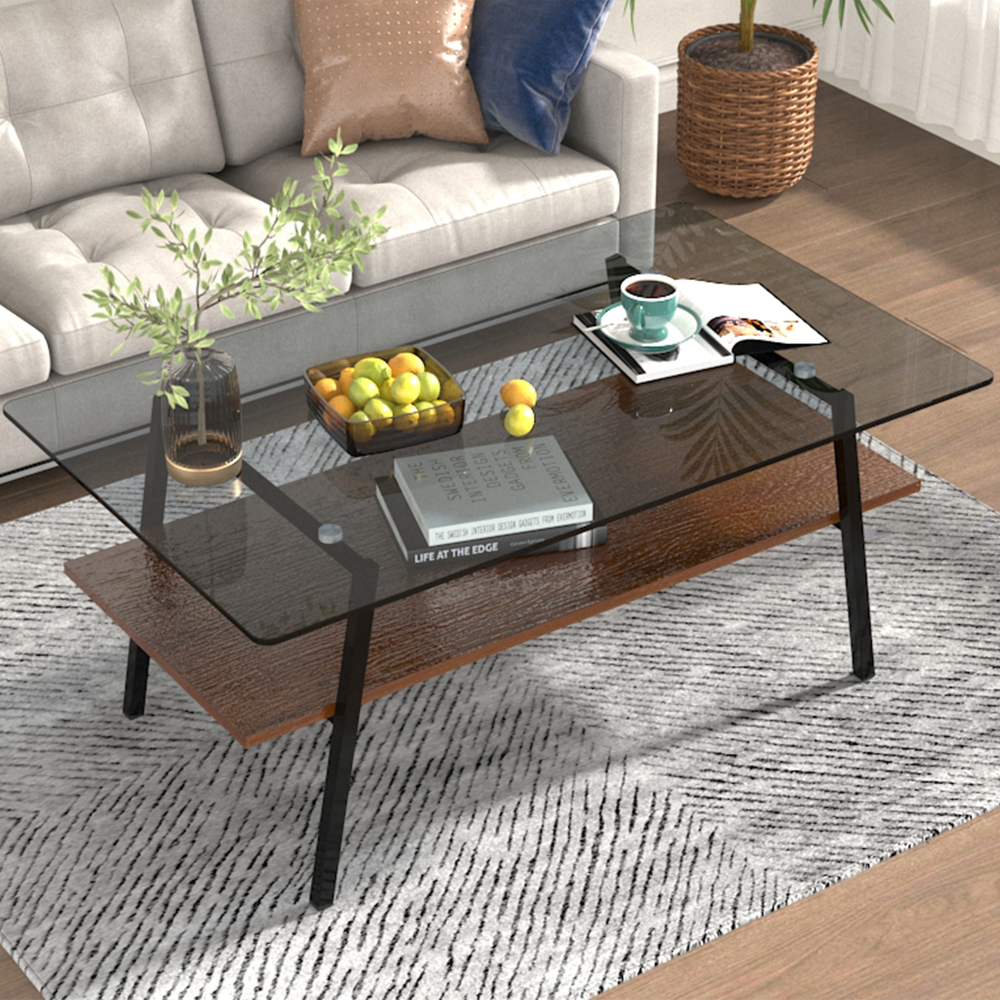Modern Rectangle Coffee Table with Tempered Gray Glass Top and Storage Shelf - Contemporary Living Room Accent Furniture