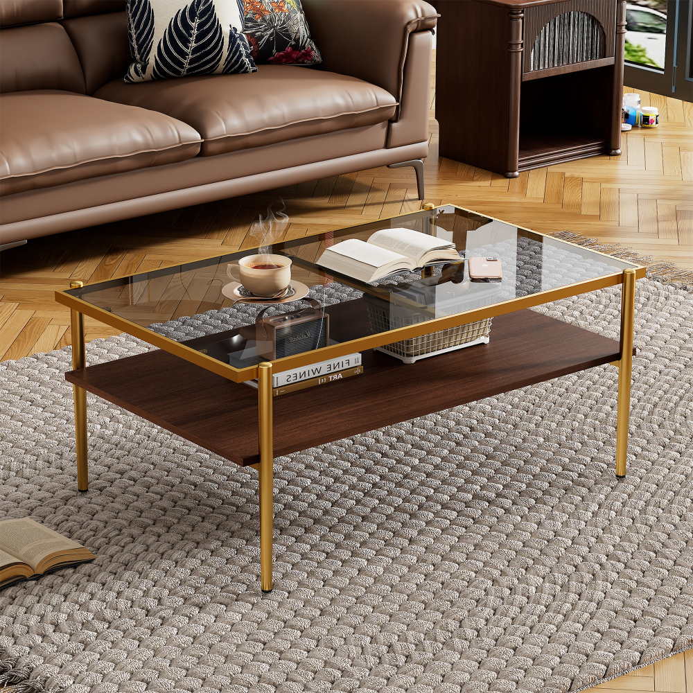 Modern Rectangle Coffee Table with Tempered Glass Top & Gold Metal Legs - Stylish Living Room Center Table with Lower Shelf Storage