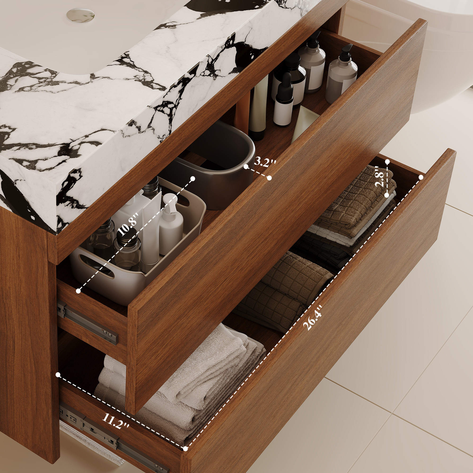 29.9" Modern Floating Bathroom Vanity with Faux Marble Sintered Stone Top, Walnut Wall-Mounted Single Sink Cabinet for Small Spaces