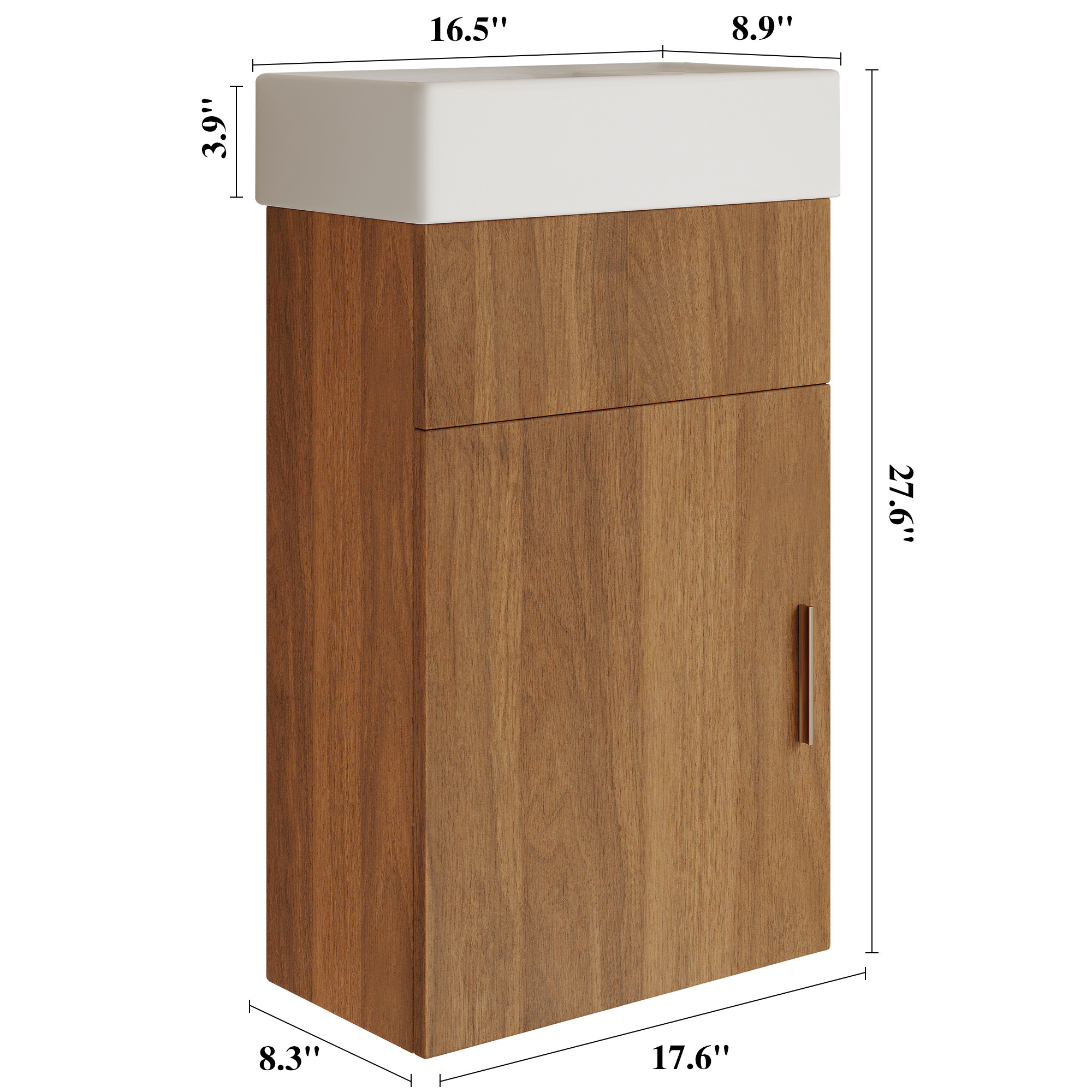 16.5" Mid-Century Modern Floating Bathroom Vanity with Integrated Ceramic Sink, Walnut Finish