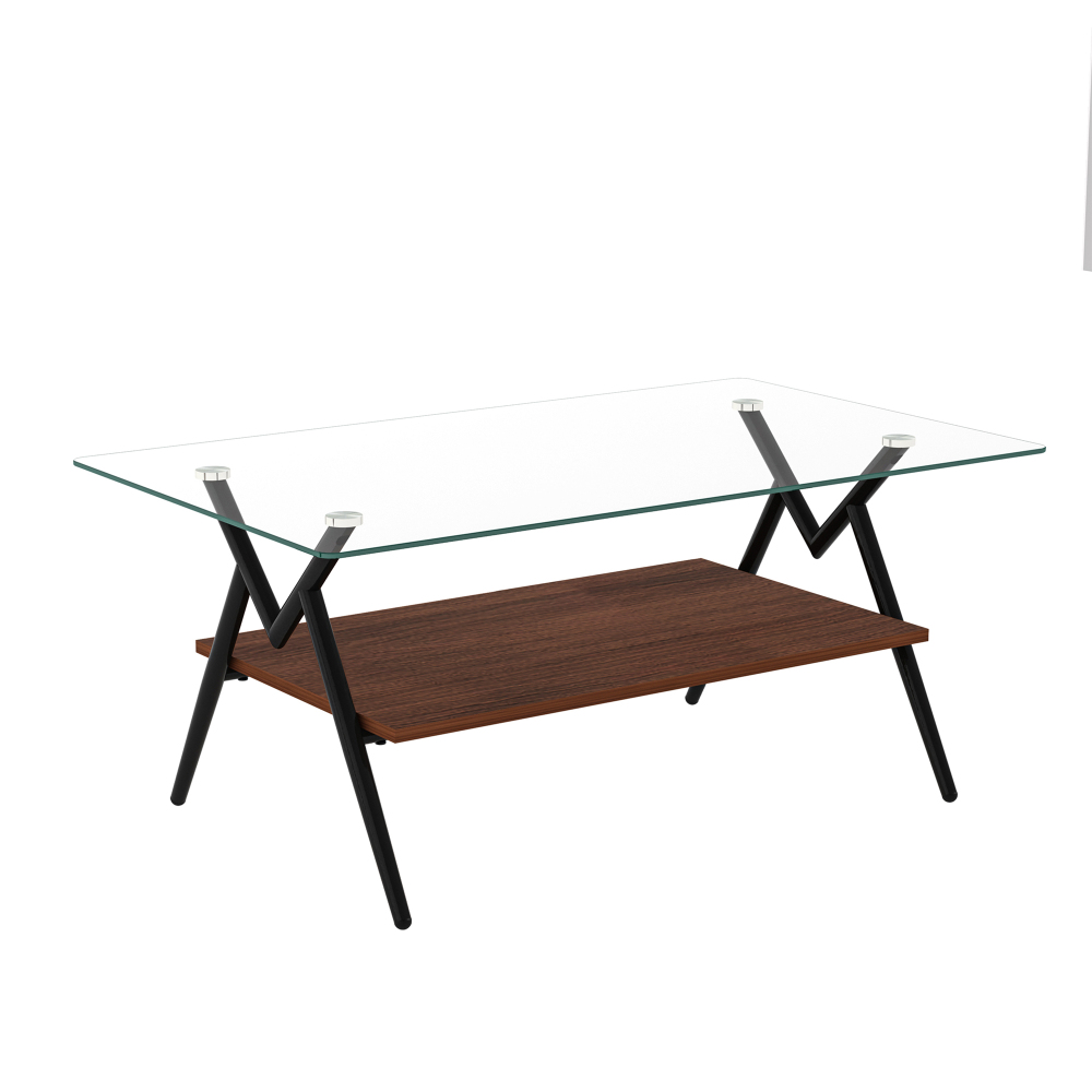 Modern Rectangle Coffee Table with Tempered Glass Top & Black Metal Legs, Two-Tier Storage Shelf for Living Room
