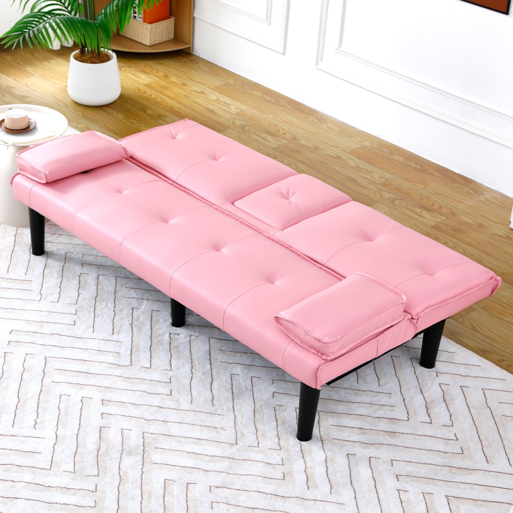 67-Inch Pink Convertible Sofa Bed with Cup Holders & Armrests - Modern PVC Sleeper Loveseat for Small Spaces, Dorms & Apartments