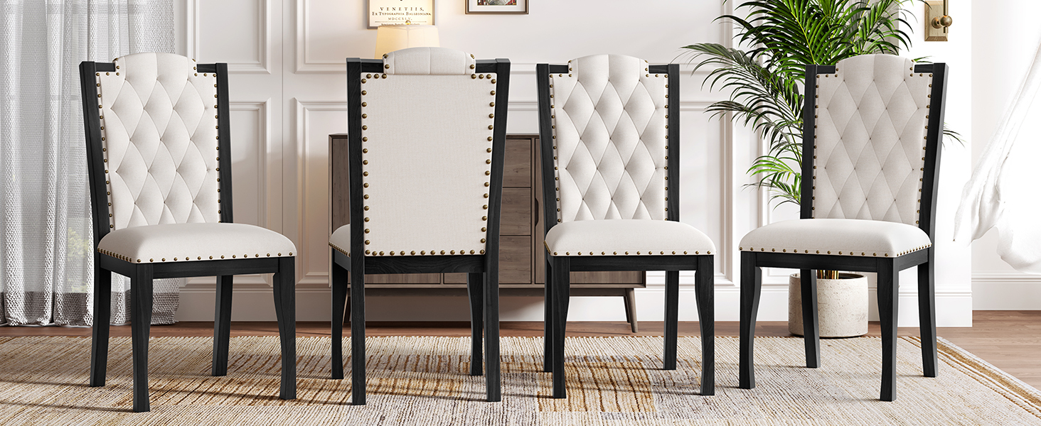 Elegant 6-Piece Dining Table Set with Bench - Modern Black Rectangular Kitchen Table & 4 Tufted High-Back Chairs for Farmhouse Home Decor