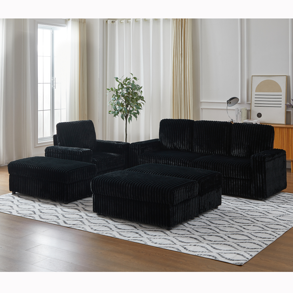 Luxury Black Corduroy Sectional Sofa with Recliner, Cup Holders & Storage Ottoman - Modern Deep Seat Living Room Couch