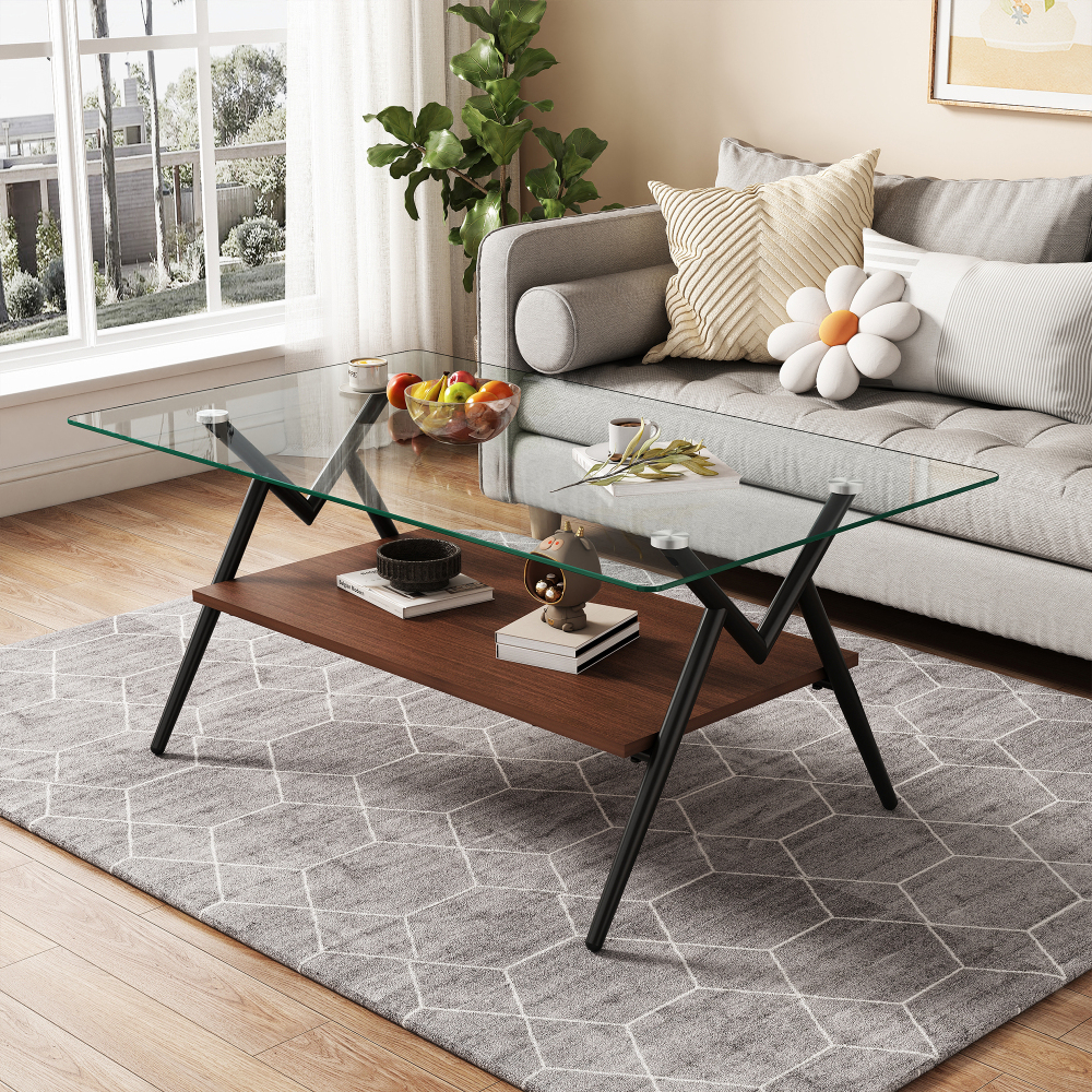 Modern Rectangle Coffee Table with Tempered Glass Top & Black Metal Legs, Two-Tier Storage Shelf for Living Room