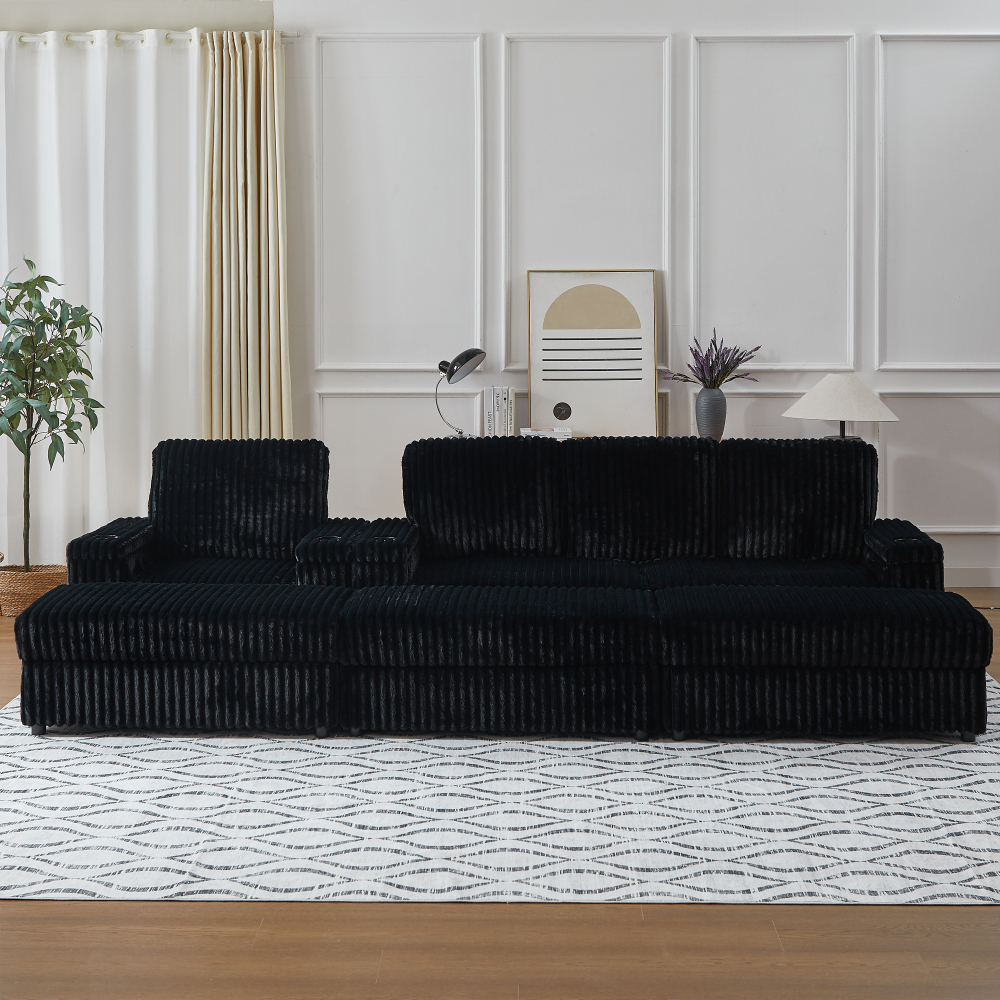 Luxury Black Corduroy Sectional Sofa with Recliner, Cup Holders & Storage Ottoman - Modern Deep Seat Living Room Couch
