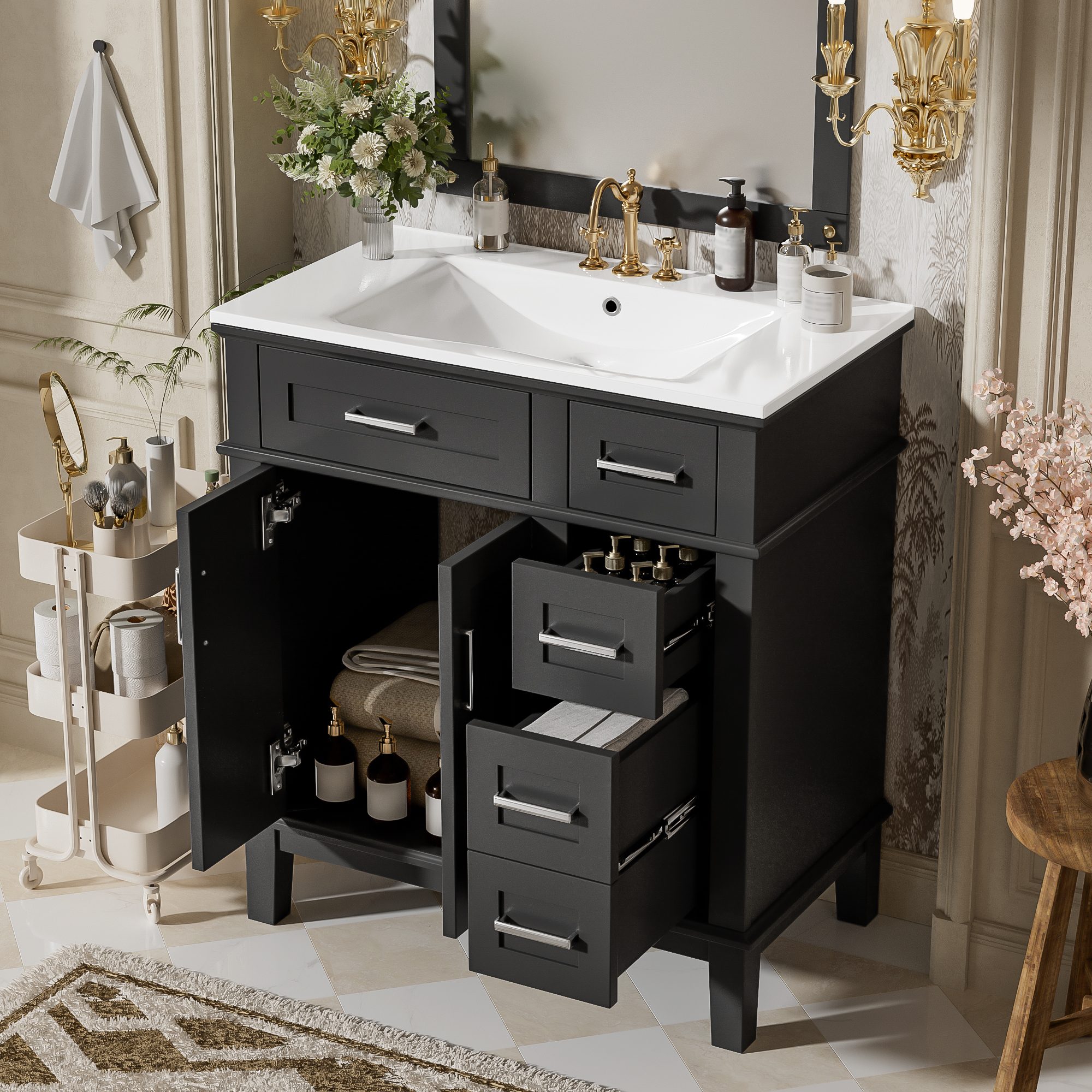 30" Modern Black Bathroom Vanity with Ceramic Sink, Solid Wood Storage Cabinet & Soft-Close Doors for Small Spaces