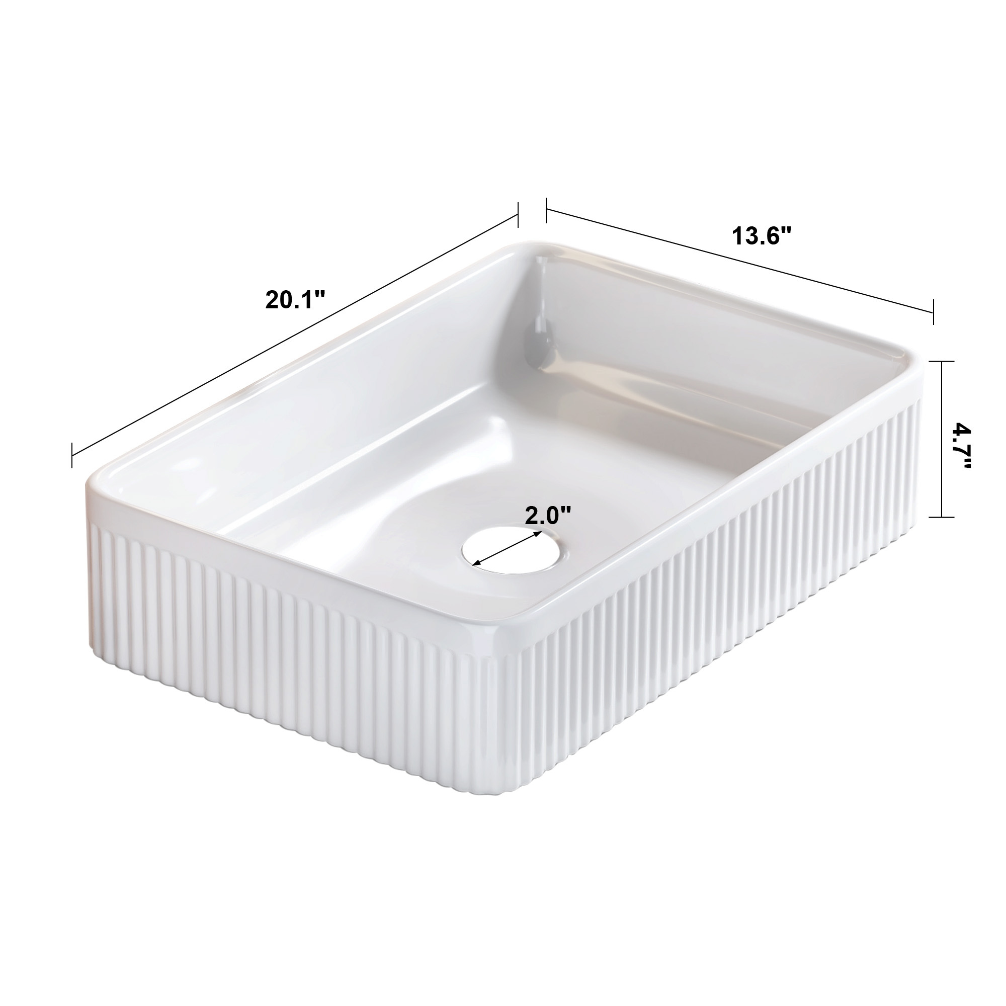 Modern White Ceramic Rectangular Vessel Sink with Vertical Ribbed Design & Drain Assembly
