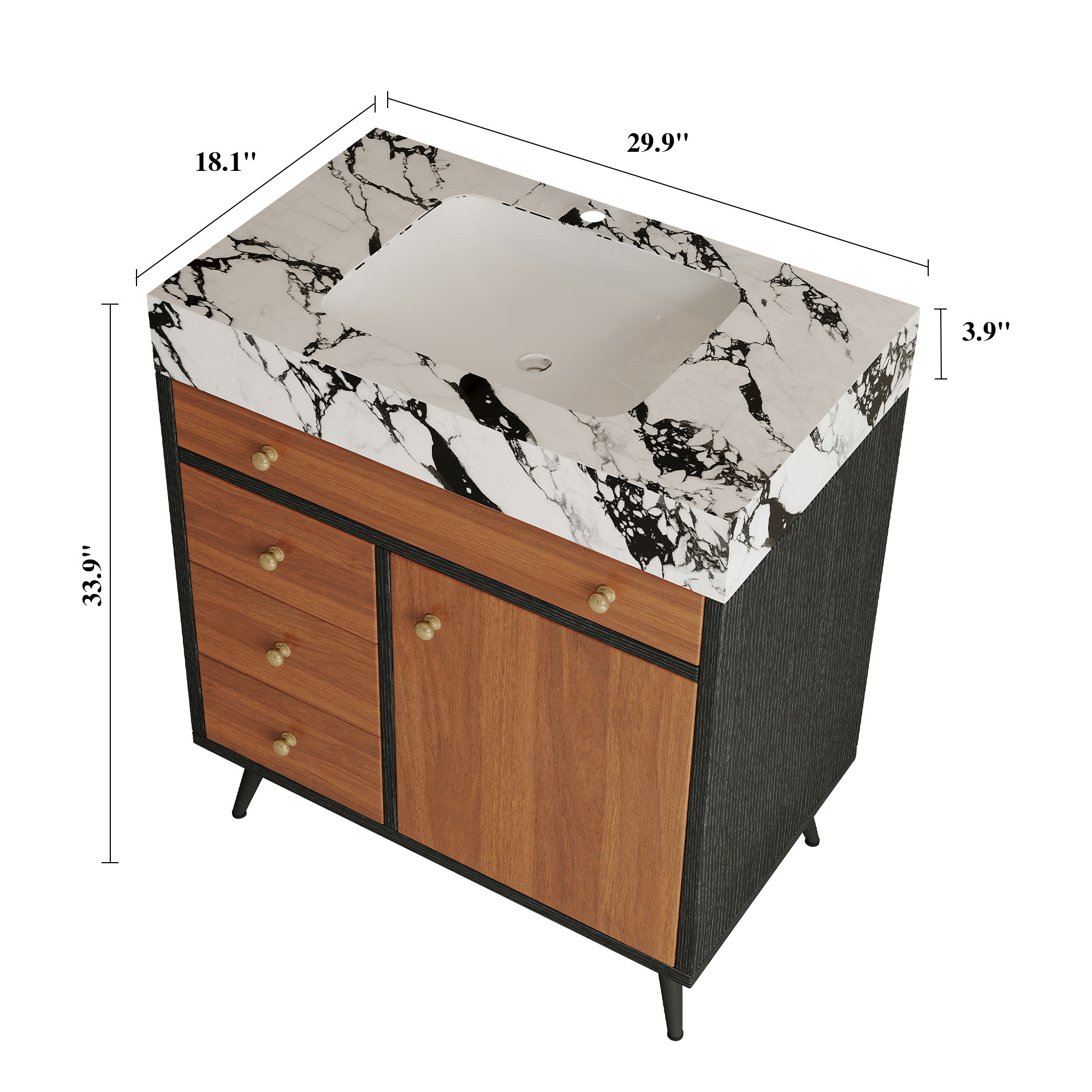 30-Inch Modern Free-Standing Bathroom Vanity with Sintered Stone Top, Ceramic Sink & Soft-Close Drawers