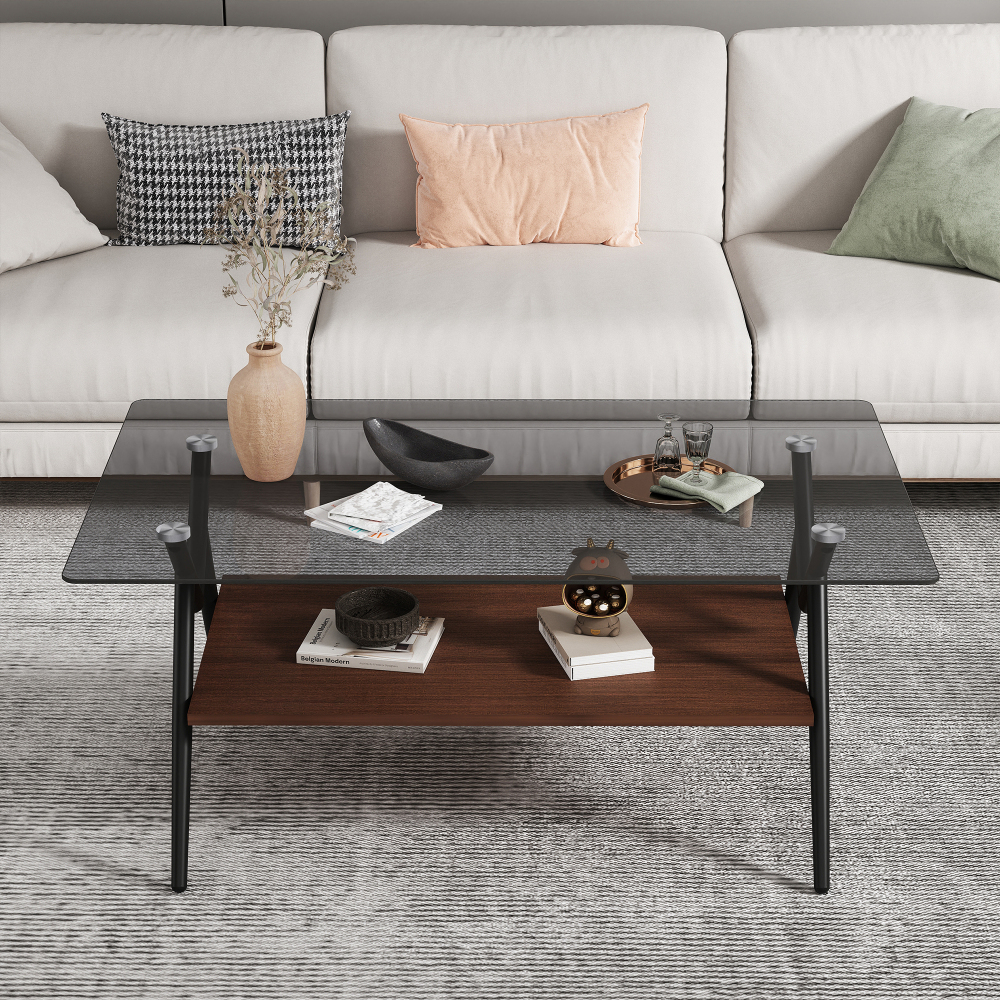 Modern Rectangle Coffee Table with Tempered Glass Top & Brown MDF Shelf, Mid-Century Style Living Room Furniture