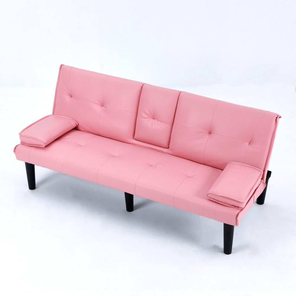 67-Inch Pink Convertible Sofa Bed with Cup Holders & Armrests - Modern PVC Sleeper Loveseat for Small Spaces, Dorms & Apartments