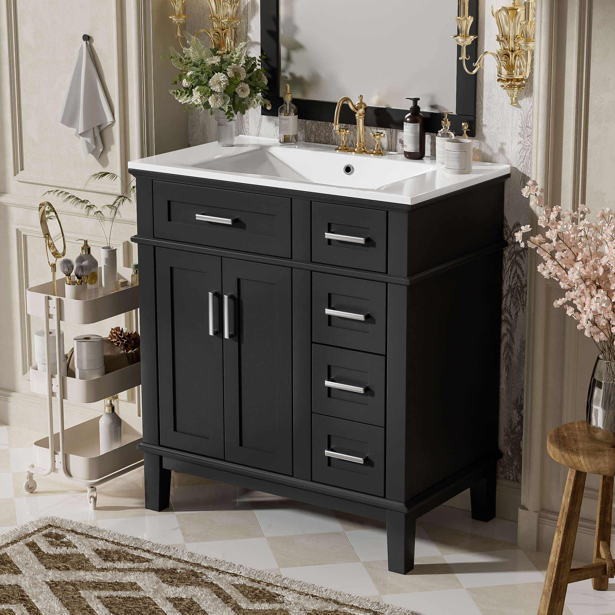 30" Modern Black Bathroom Vanity with Ceramic Sink, Solid Wood Storage Cabinet & Soft-Close Doors for Small Spaces