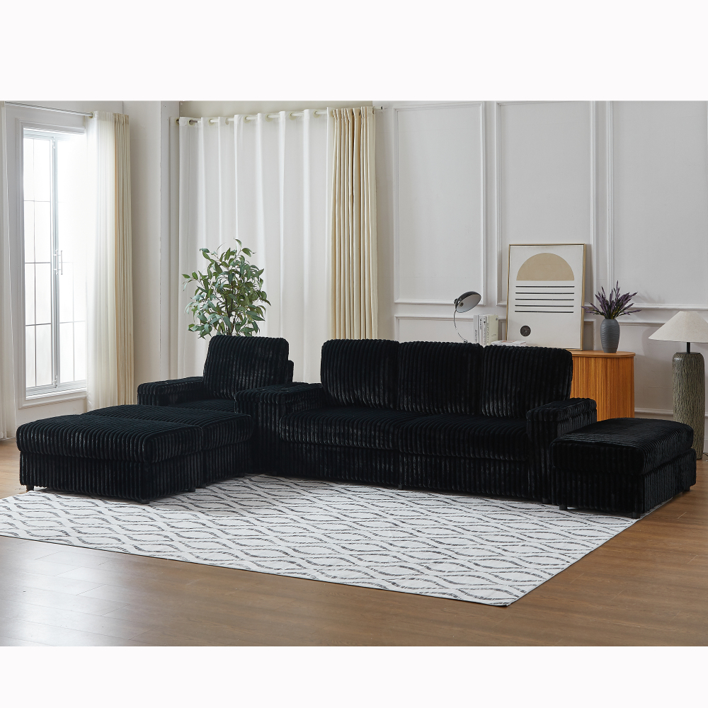 Luxury Black Corduroy Sectional Sofa with Recliner, Cup Holders & Storage Ottoman - Modern Deep Seat Living Room Couch