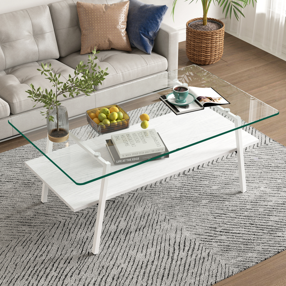 Modern Rectangle Coffee Table with Tempered Glass Top & White MDF Lower Shelf, Contemporary Living Room Center Table with Metal Legs