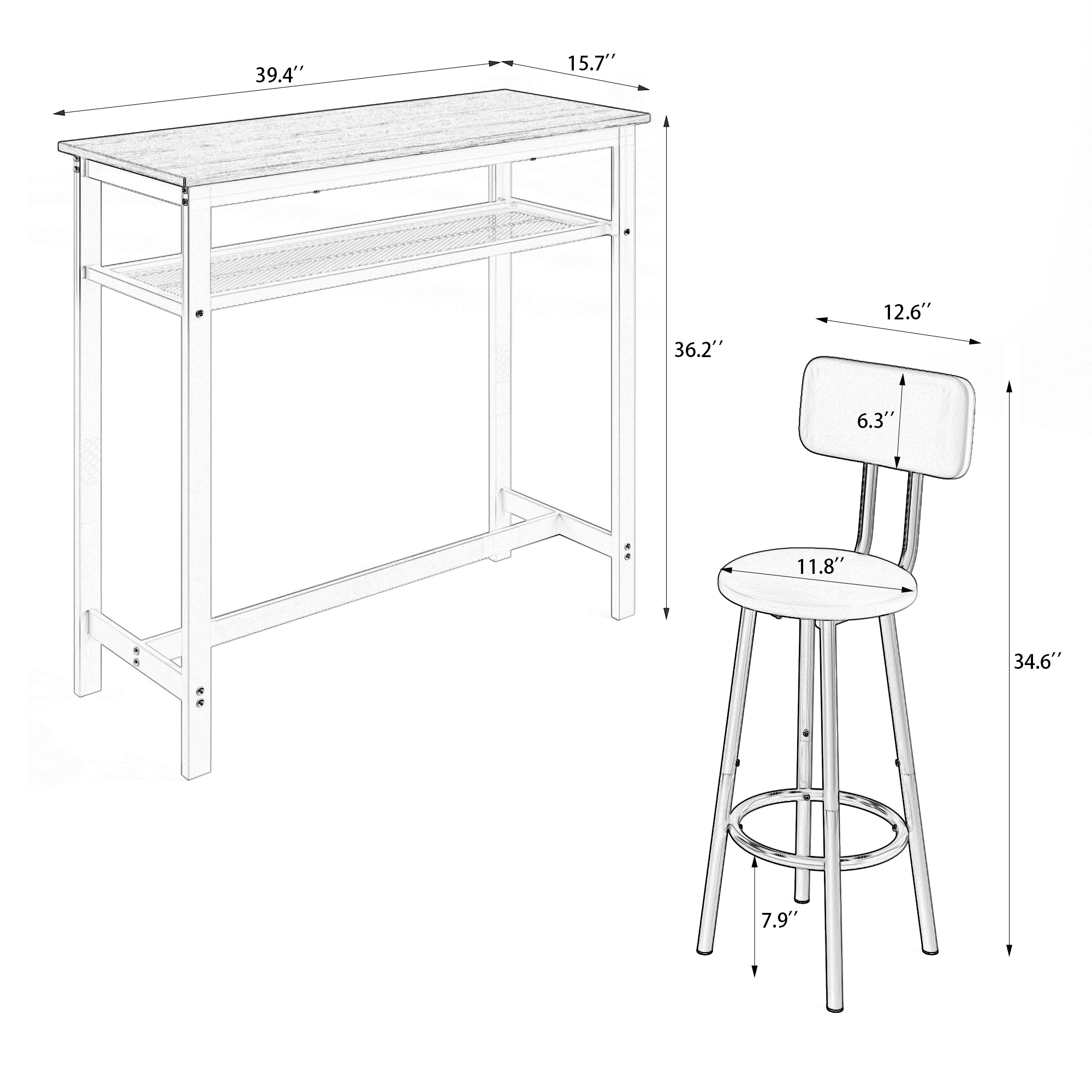 3-Piece Counter Height Dining Table Set with 2 Stools, White Faux Marble Top Breakfast Bar for Small Apartment Kitchen