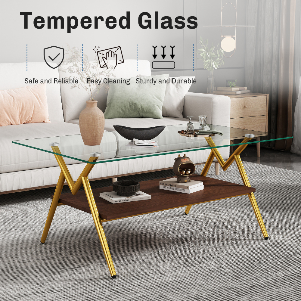 Modern Rectangle Coffee Table with Tempered Glass Top & Gold Metal Legs, Two-Tier Storage for Living Room
