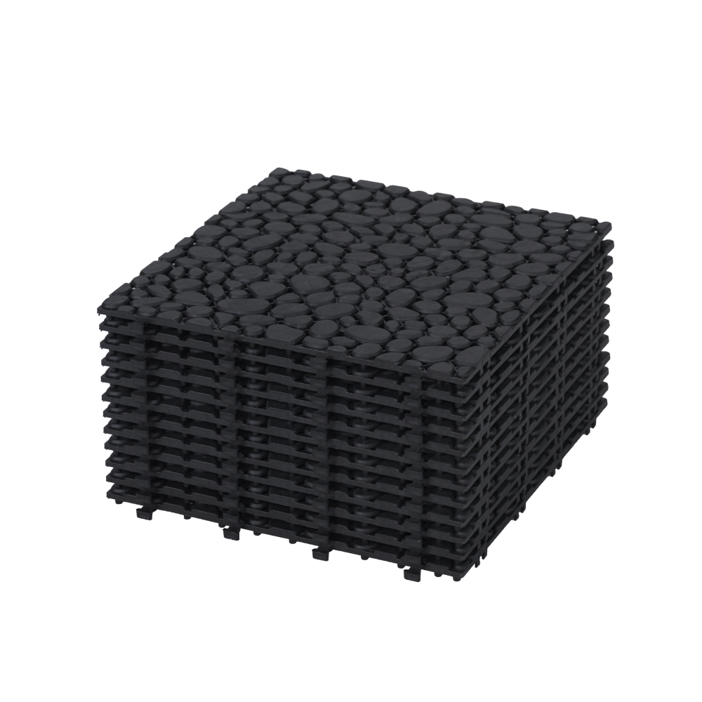 12-Pack Black Interlocking Deck Tiles - Waterproof Plastic Patio Flooring with Pebble Stone Pattern, Anti-Slip Outdoor Balcony & Bathroom Pavers