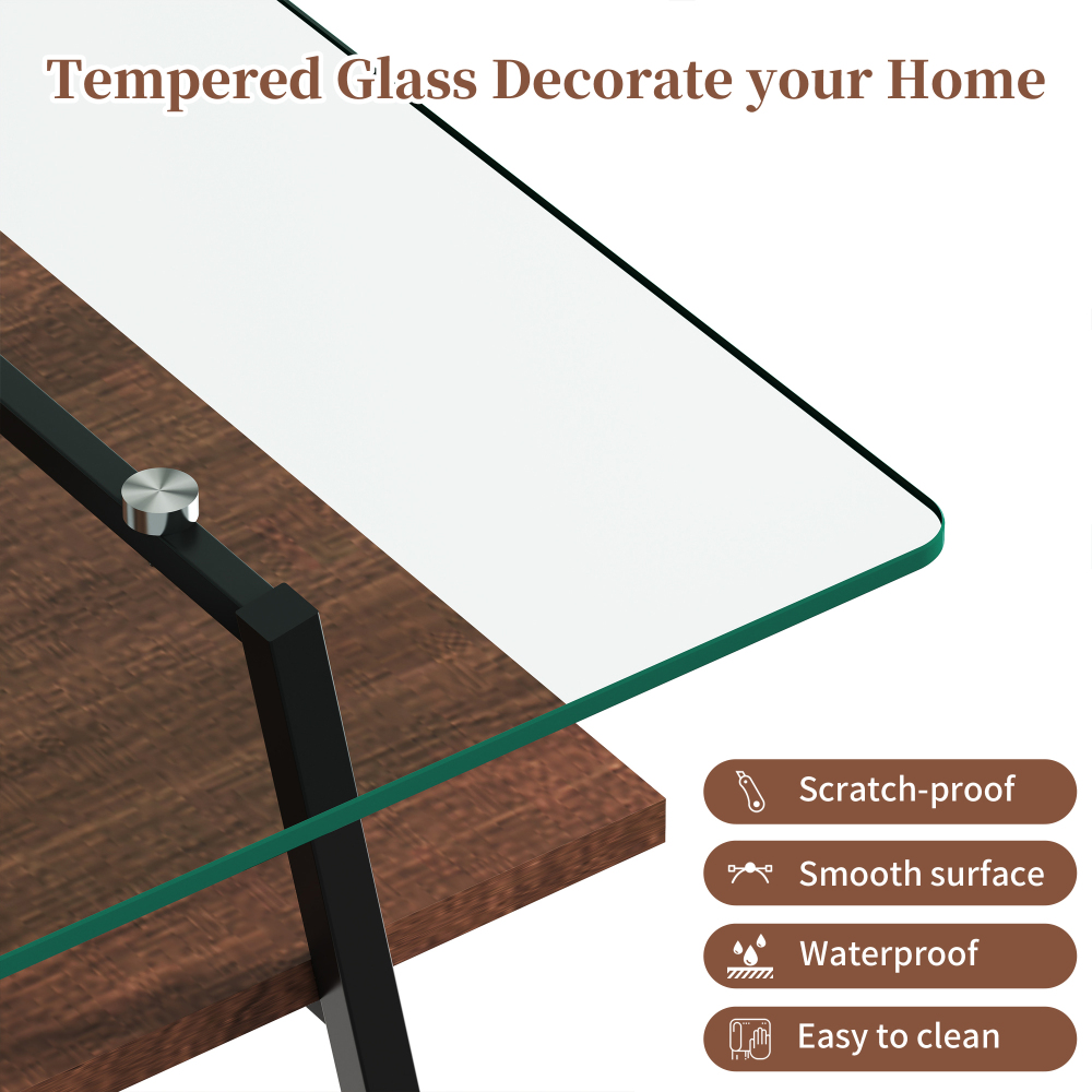 Modern Rectangle Coffee Table with Tempered Glass Top & MDF Shelf, Black Metal Legs, Industrial Style Living Room Center Table