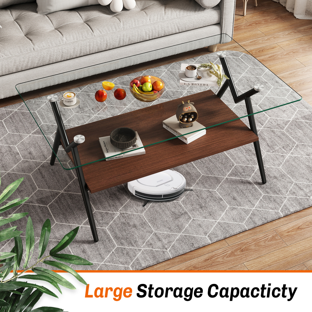 Modern Rectangle Coffee Table with Tempered Glass Top & Black Metal Legs, Two-Tier Storage Shelf for Living Room
