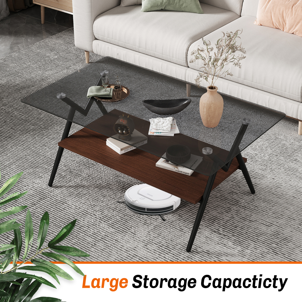 Modern Rectangle Coffee Table with Tempered Glass Top & Brown MDF Shelf, Mid-Century Style Living Room Furniture