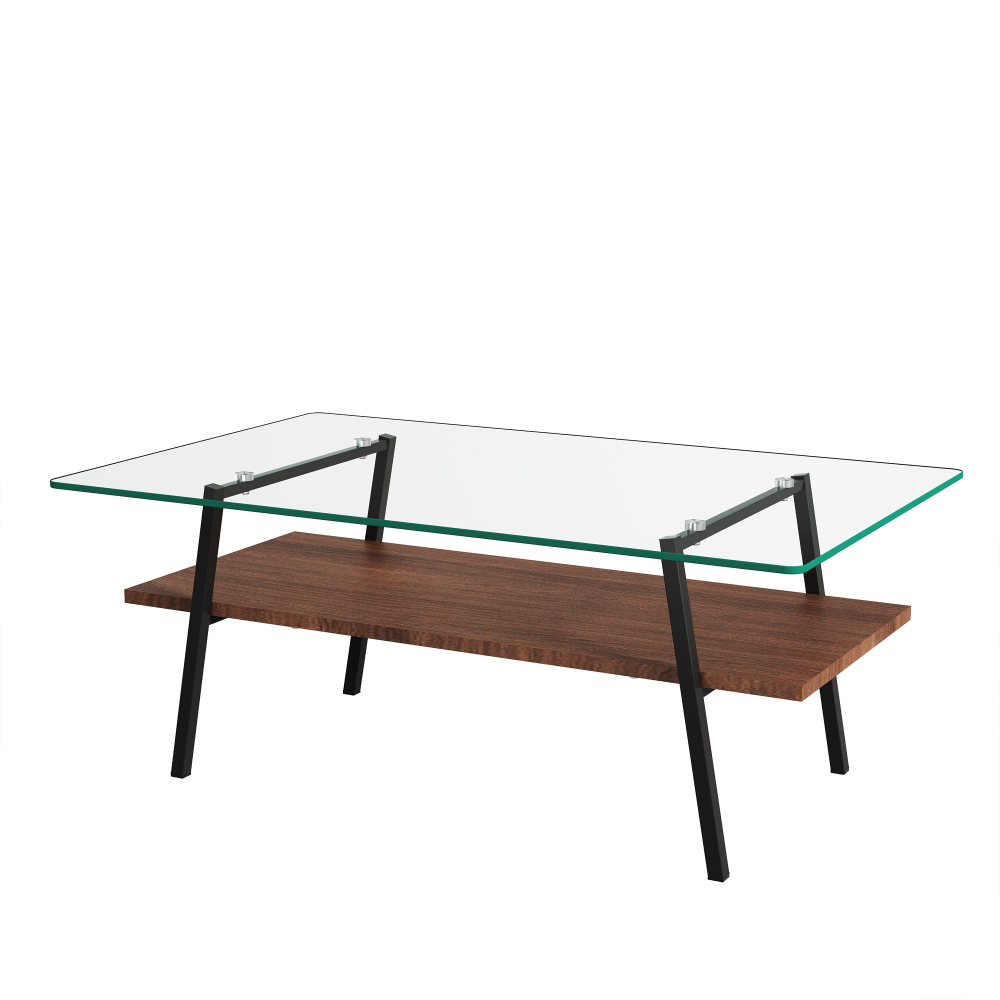 Modern Rectangle Coffee Table with Tempered Glass Top & MDF Shelf, Black Metal Legs, Industrial Style Living Room Center Table