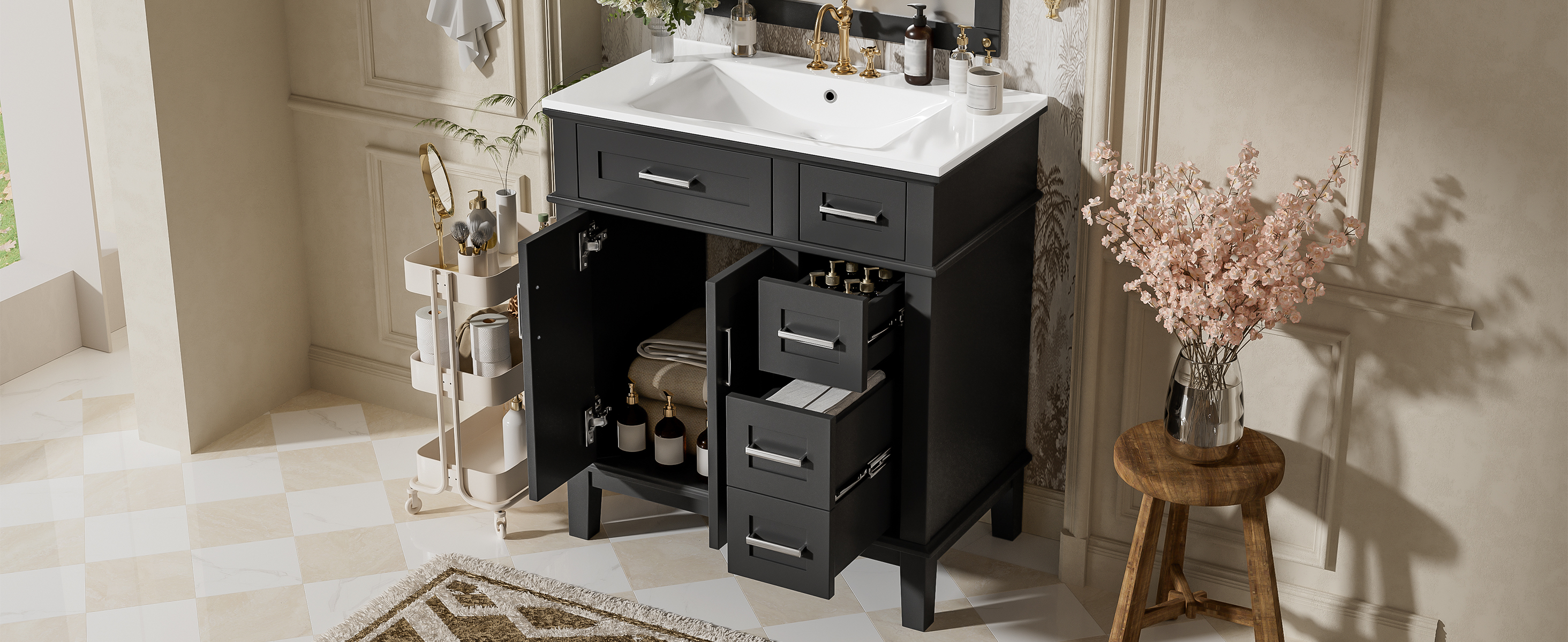 30" Modern Black Bathroom Vanity with Ceramic Sink, Solid Wood Storage Cabinet & Soft-Close Doors for Small Spaces