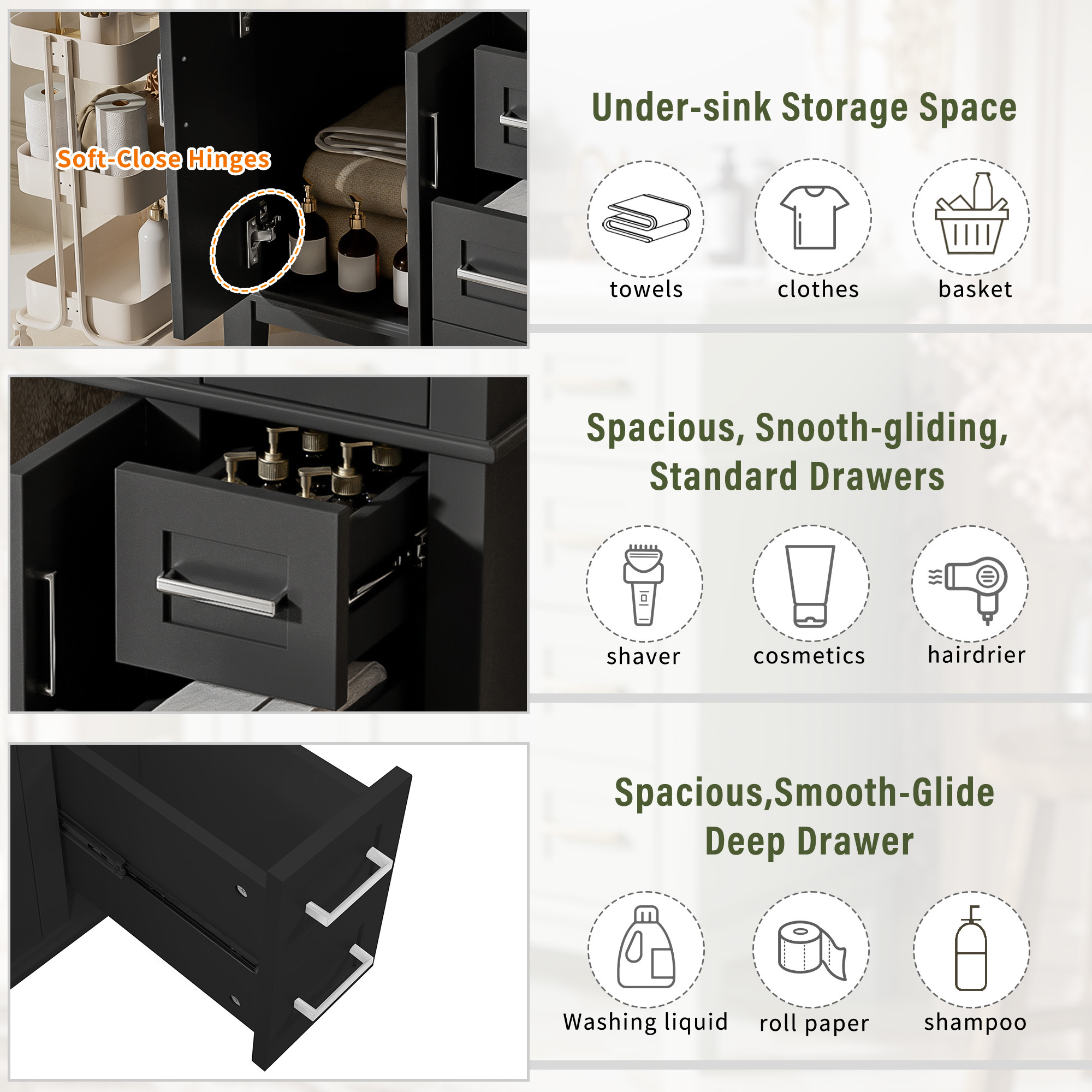 30" Modern Black Bathroom Vanity with Ceramic Sink, Solid Wood Storage Cabinet & Soft-Close Doors for Small Spaces