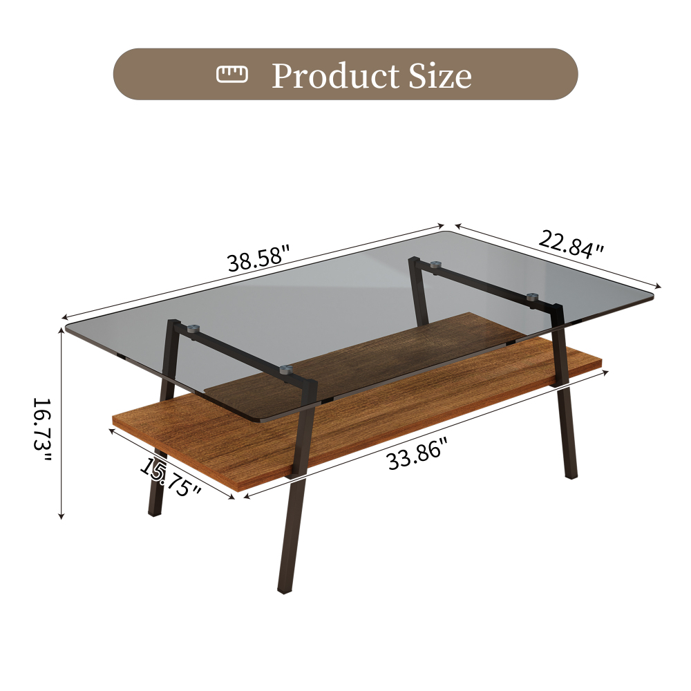 Modern Rectangle Coffee Table with Tempered Gray Glass Top and Storage Shelf - Contemporary Living Room Accent Furniture