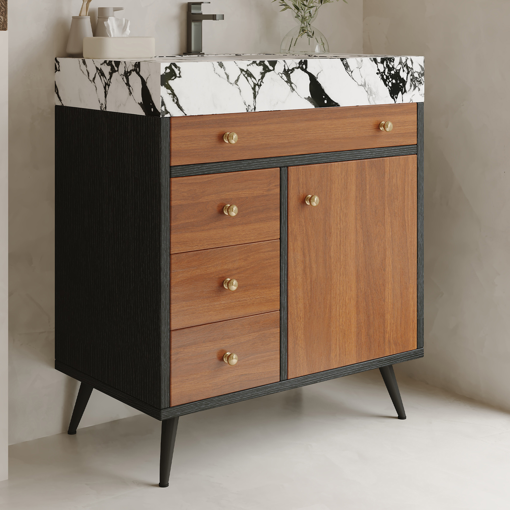 30-Inch Modern Free-Standing Bathroom Vanity with Sintered Stone Top, Ceramic Sink & Soft-Close Drawers
